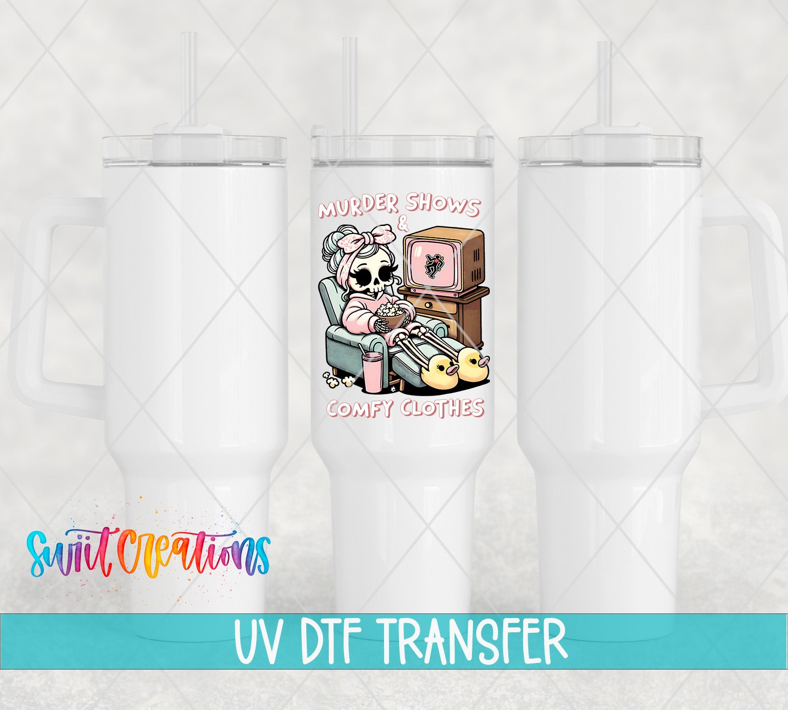 Swiit Creations UV DTF Murder Shows and Comfy Clothes transfer shown on a white tumbler set