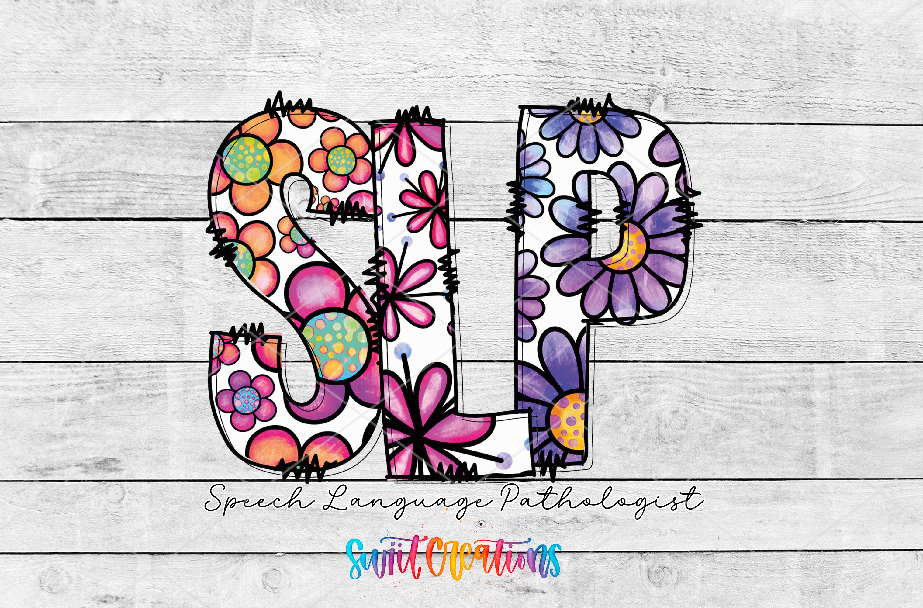 a colorful and artistic representation of the letters "SLP" with various flower designs surrounding them.