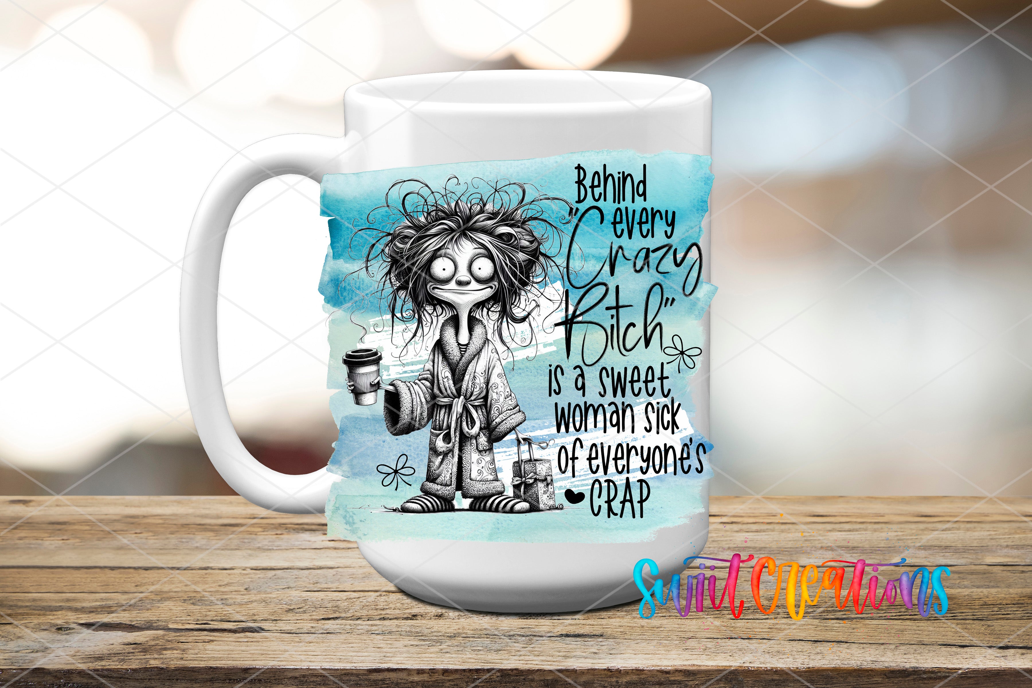 A mug with a cartoon illustration of a person with messy hair and a humorous caption.