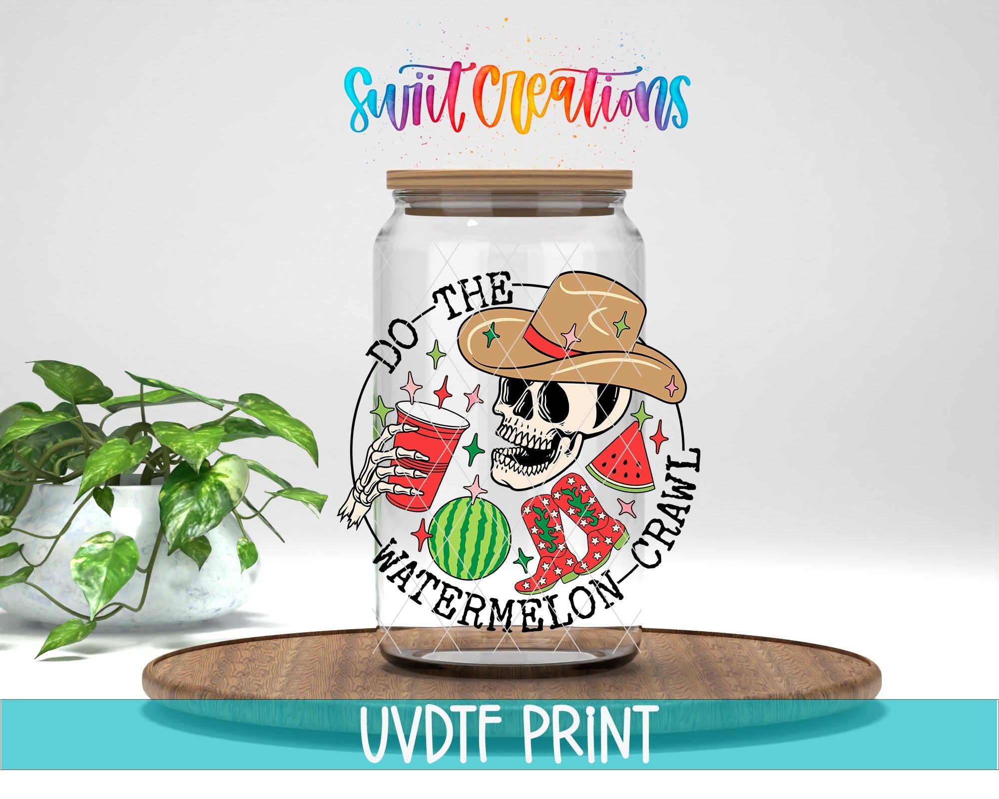 a glass jar with a picture of a skull wearing a cowboy hat