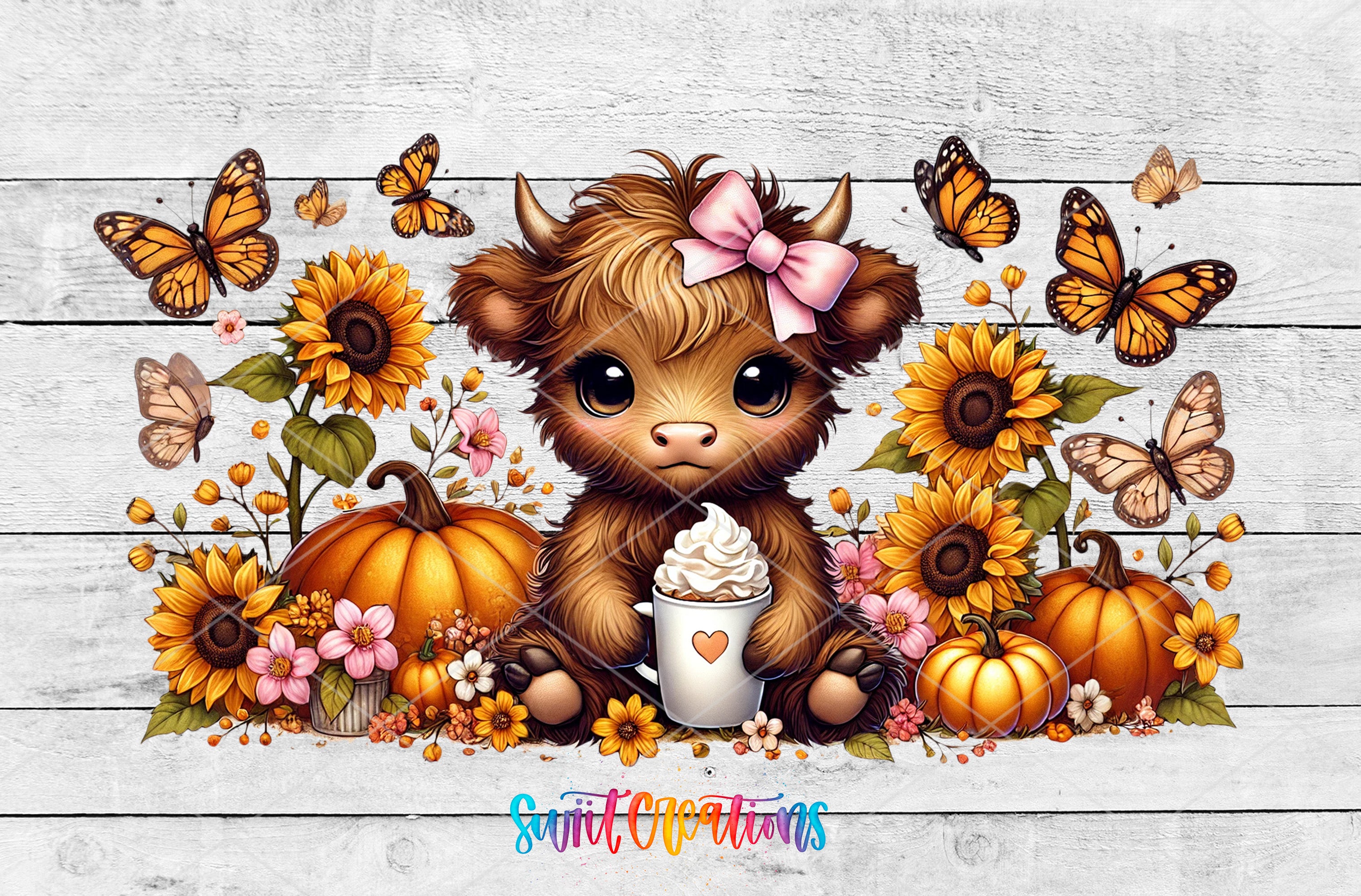 A cute, furry cow with a pink bow sits amidst a colorful autumn scene, surrounded by sunflowers, pumpkins, and butterflies.