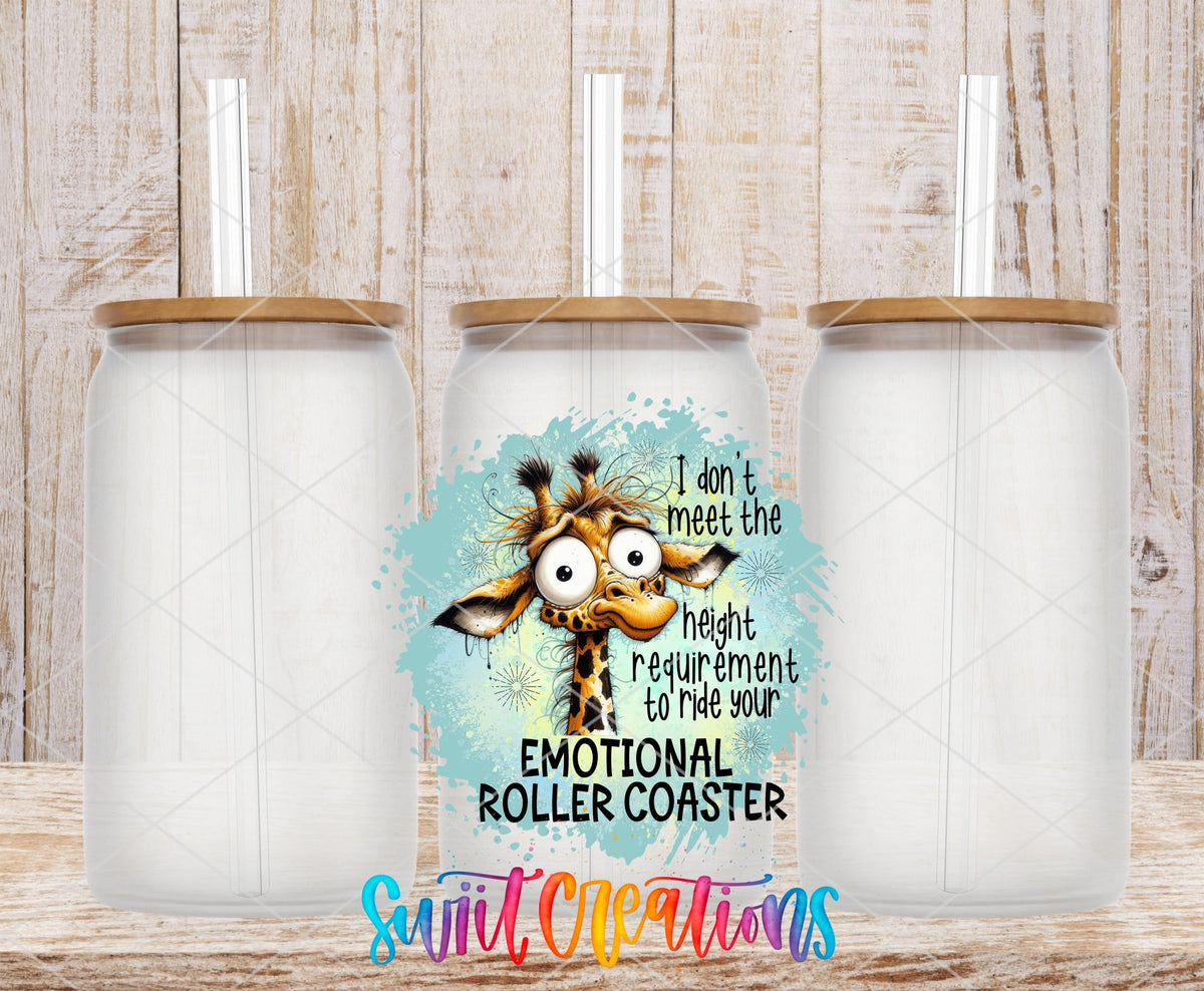 Swiit Creations UV DTF Emotional Roller Coaster transfer shown on a clear glass can set