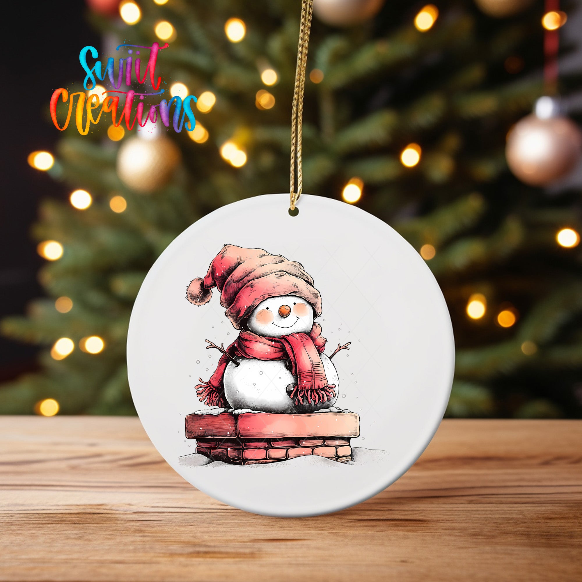 A white oval ornament featuring a snowman sitting on a brick chimney, with a Christmas tree in the background.