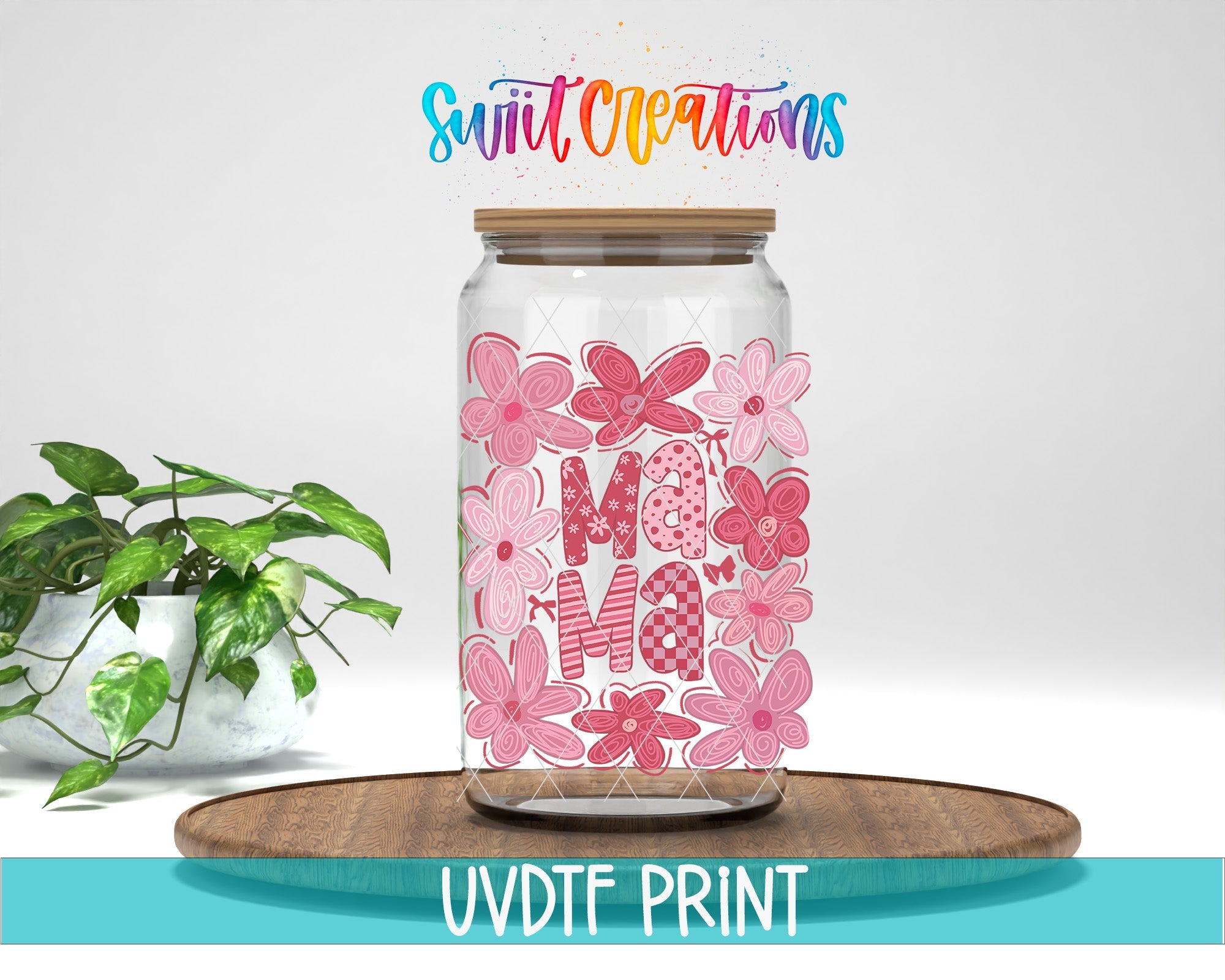 a glass jar with some flowers inside of it