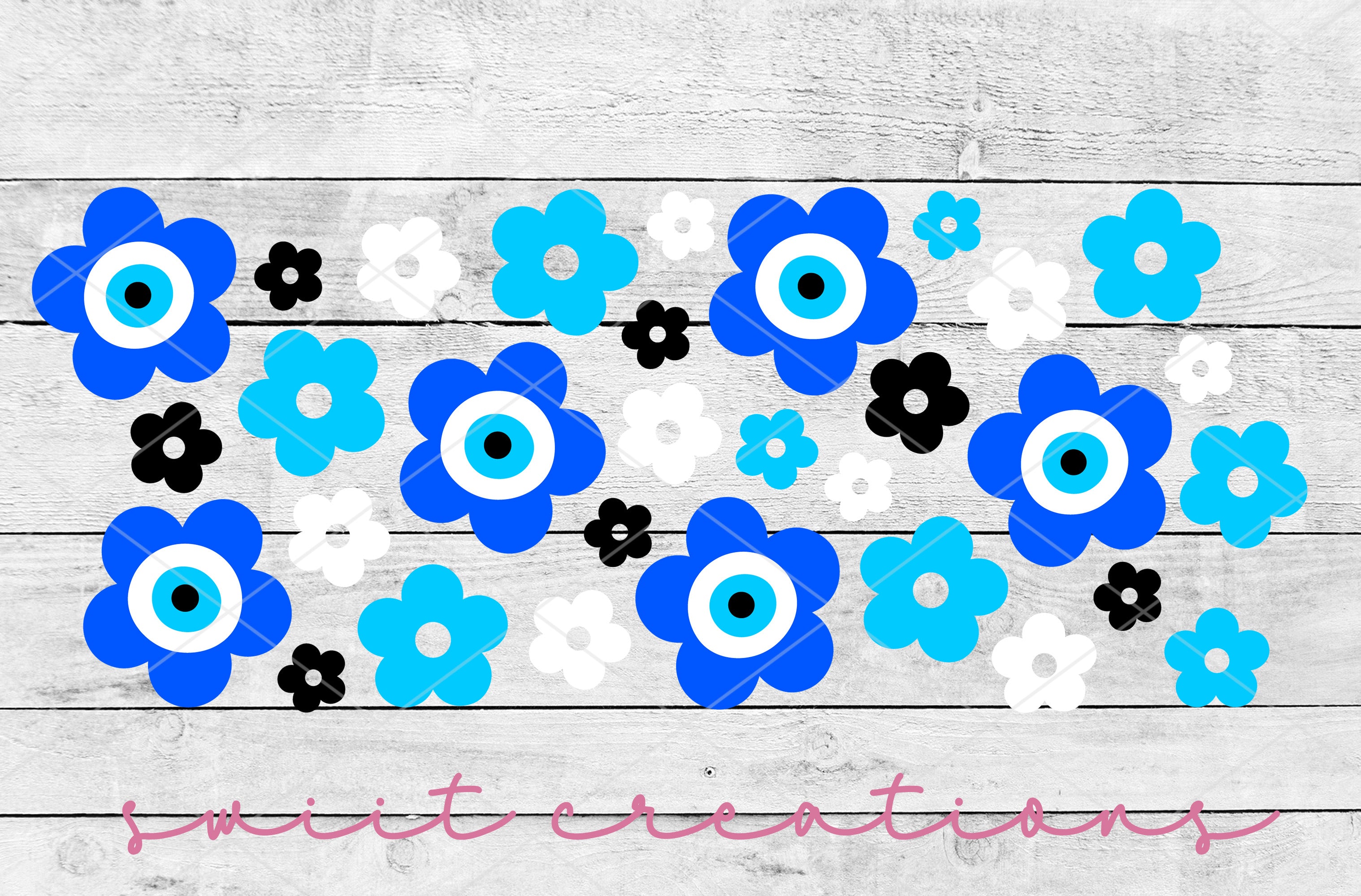 a blue and black flower with an eye on it