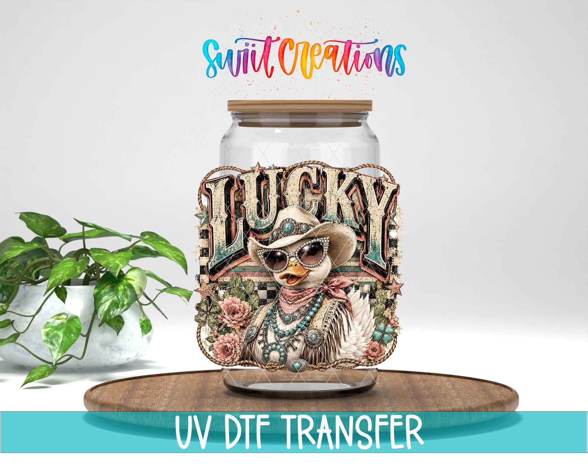 A glass jar with a decorative label featuring a cartoon duck wearing sunglasses and a cowboy hat, surrounded by flowers and other decorative elements.