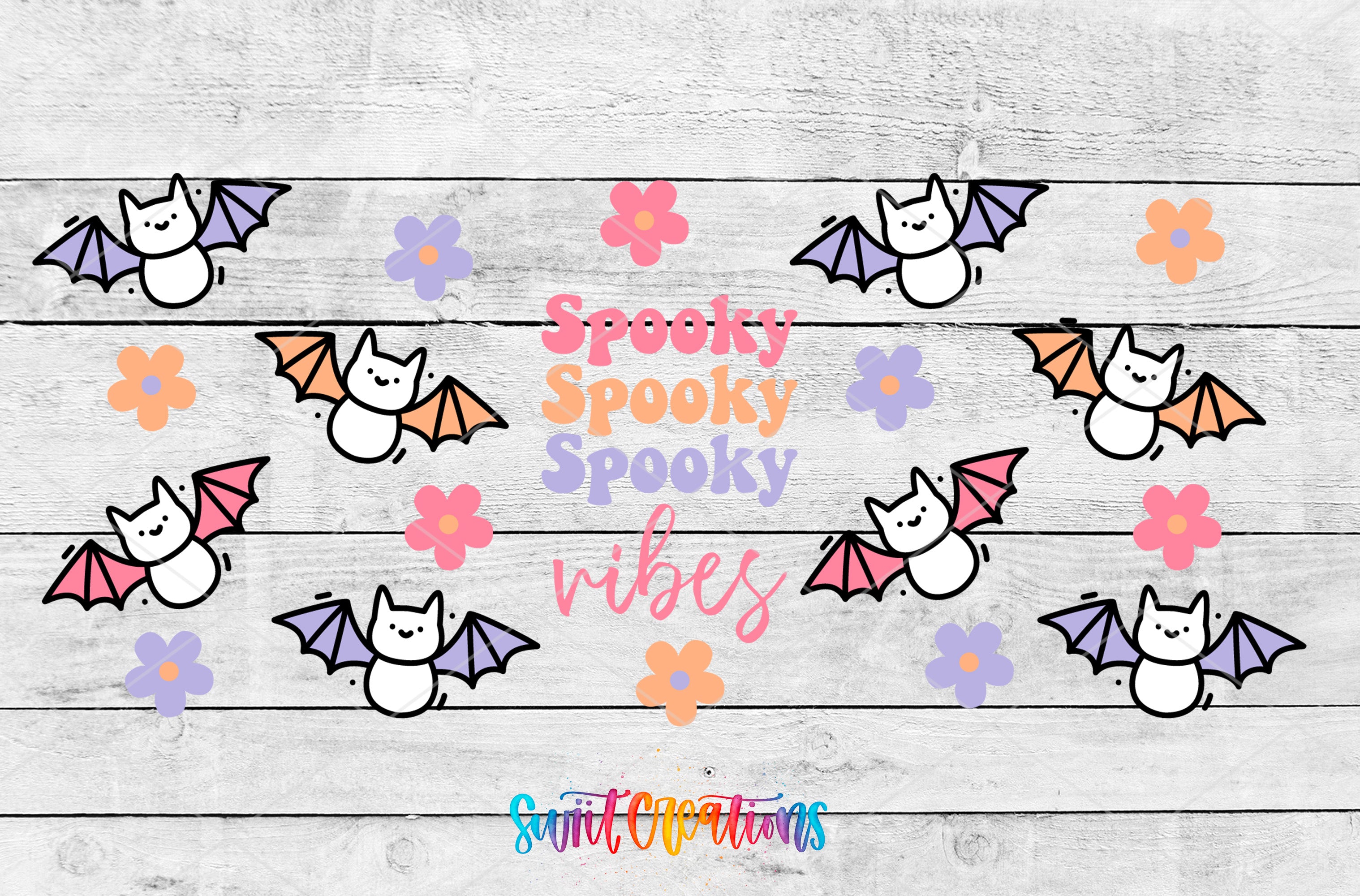 The image is a collage of various bat illustrations, flowers, and the text "Spooky Spooky Vibes" arranged on a wooden background.