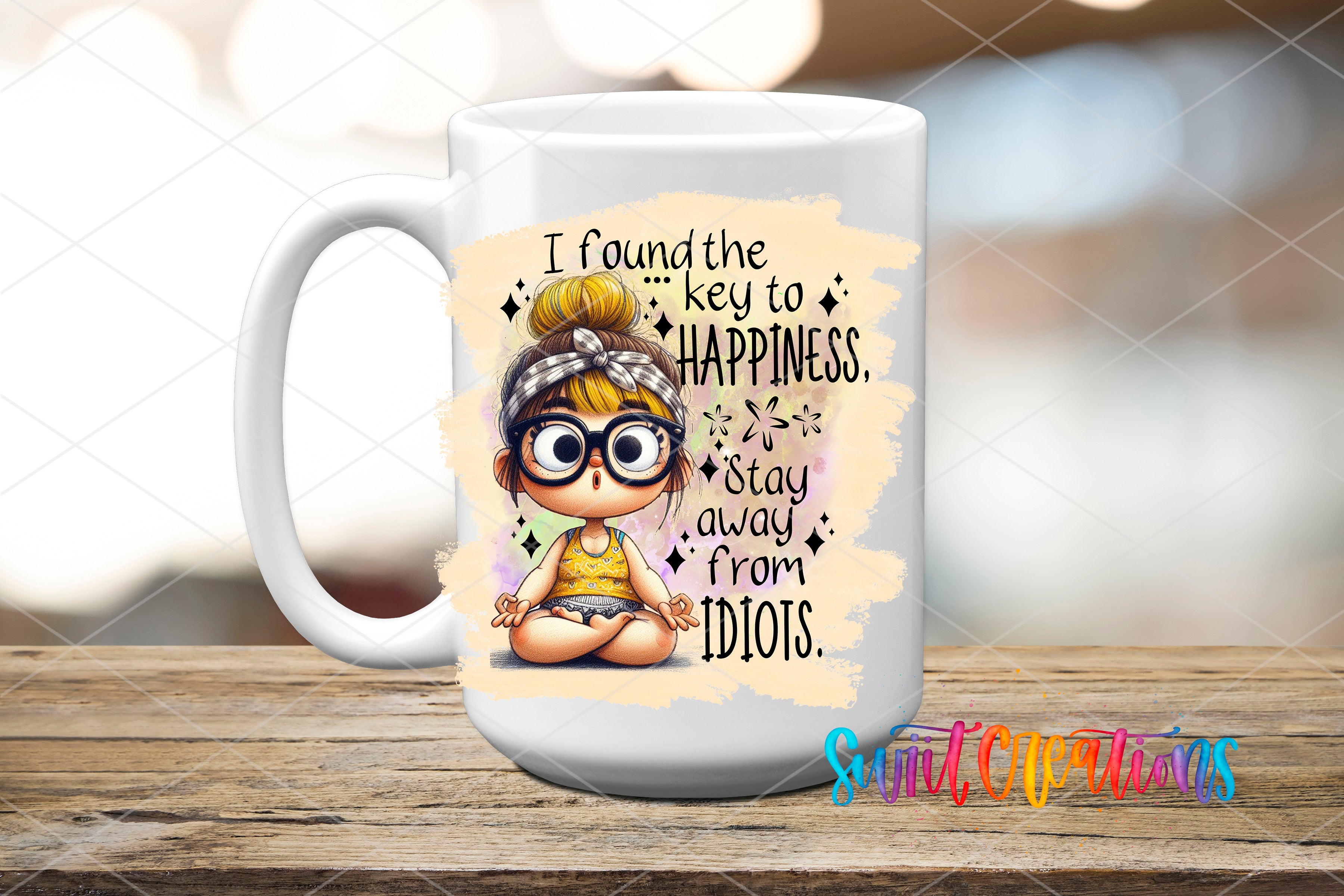 A white ceramic mug with a cartoon illustration of a young girl with glasses and a bow in her hair, along with text that reads "I found the key to happiness. Stay away from Idiot's."