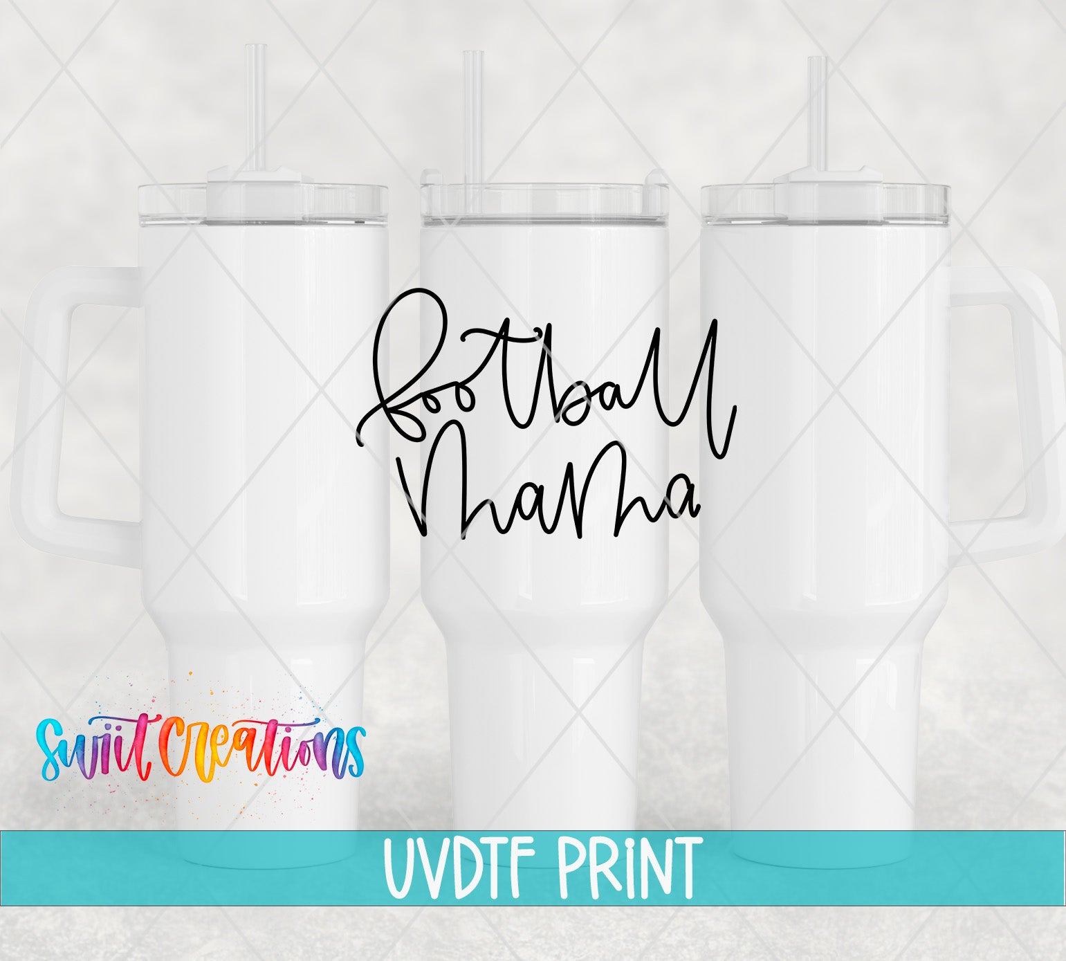 three white tumblers with the text "Football Mama" written on them.