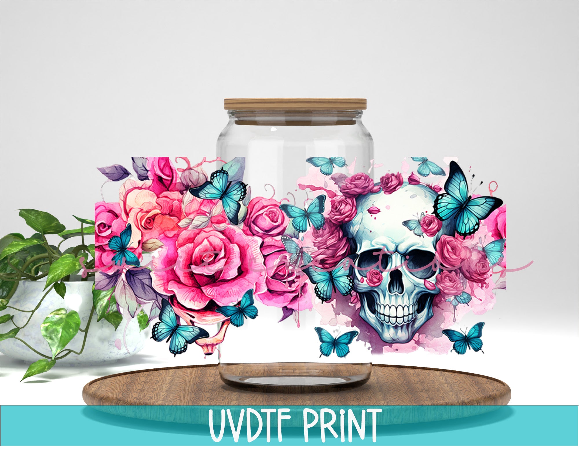 a vase with flowers and a skull on it