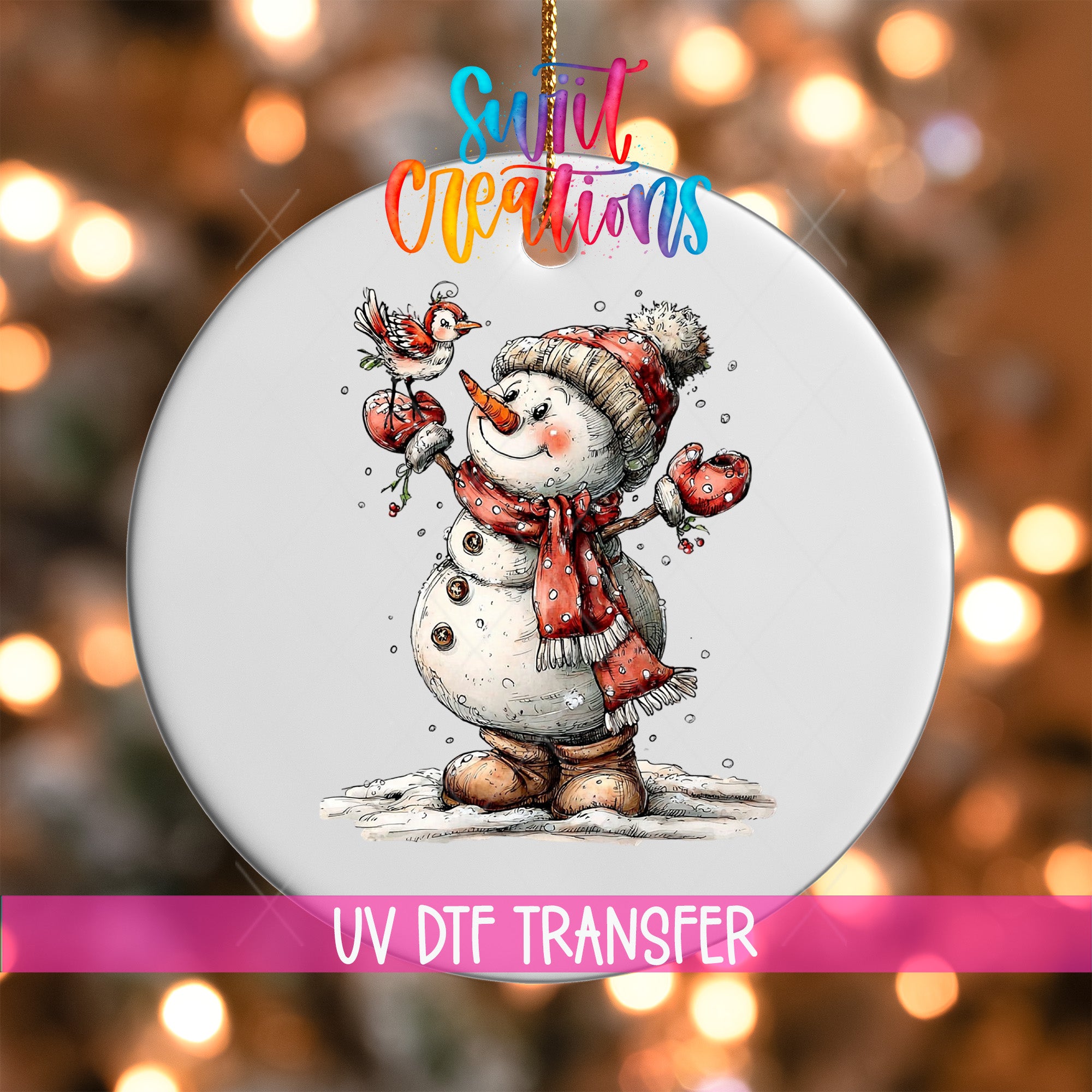 A snowman ornament with a bird perched on its head, set against a background of colorful lights.