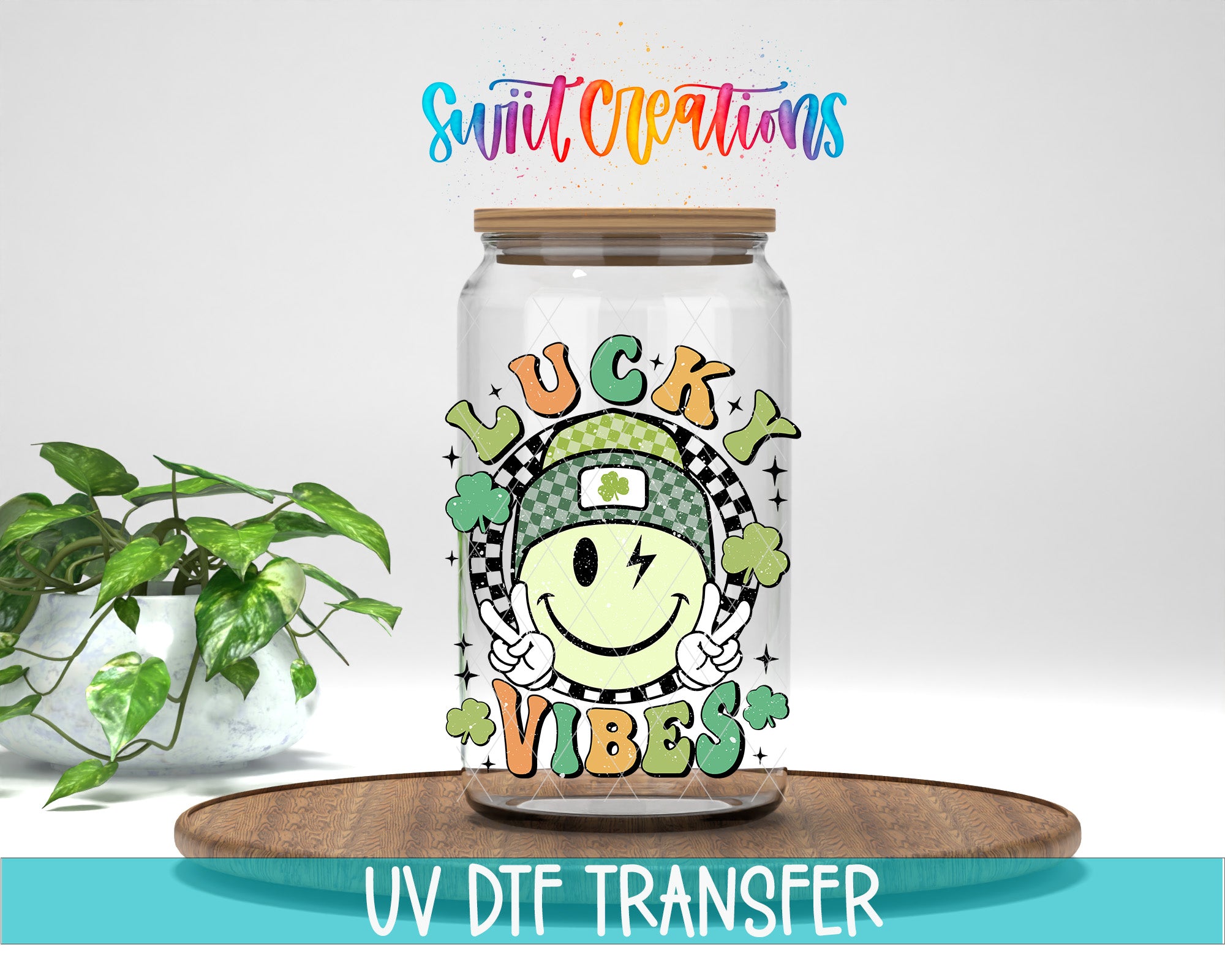 A glass jar with a smiling face and the words "Lucky Vibes" printed on it, placed on a wooden surface.