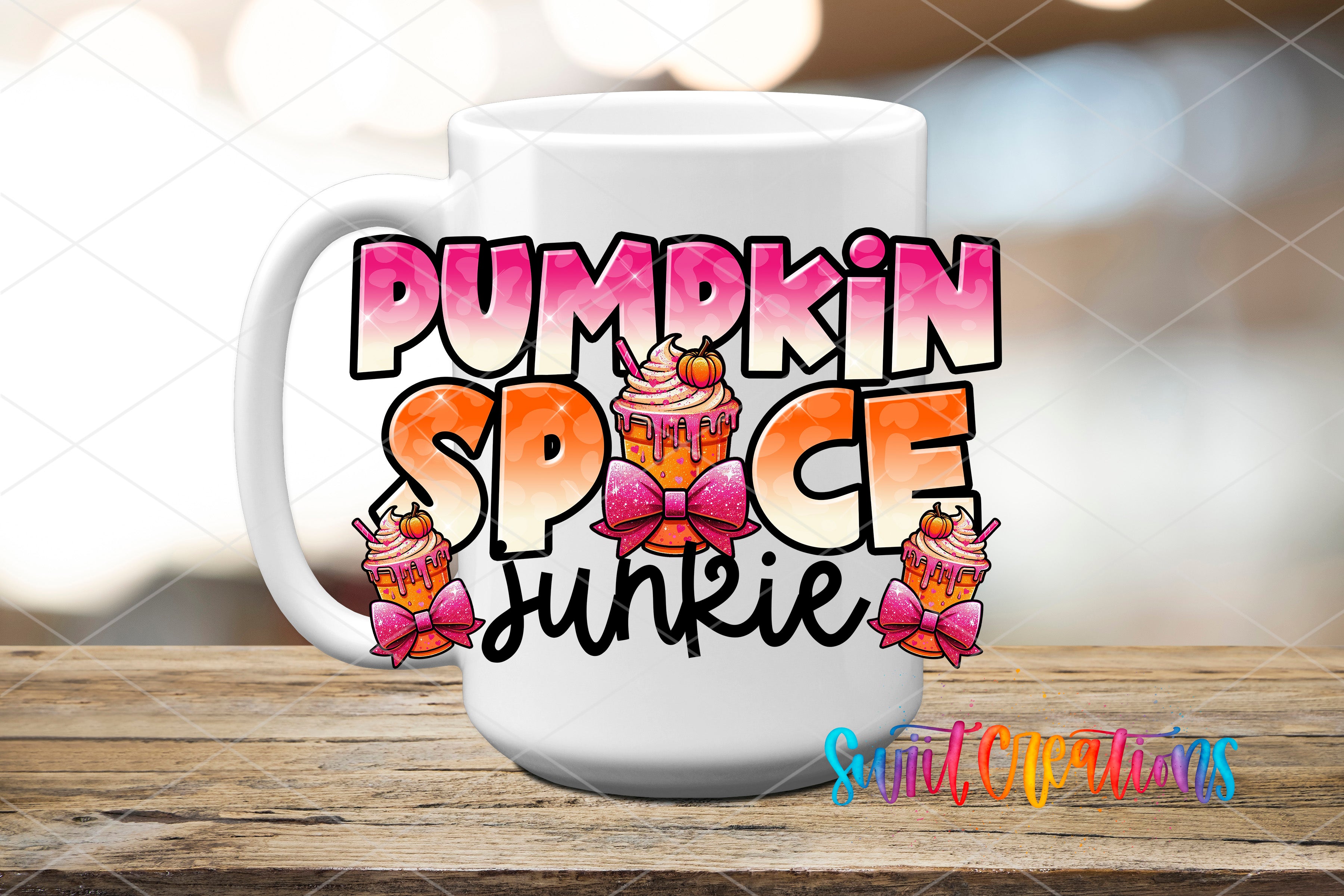 A white mug with the text "Pumpkin Spice Junkie" printed on it, along with illustrations of cupcakes and other fall-themed items.