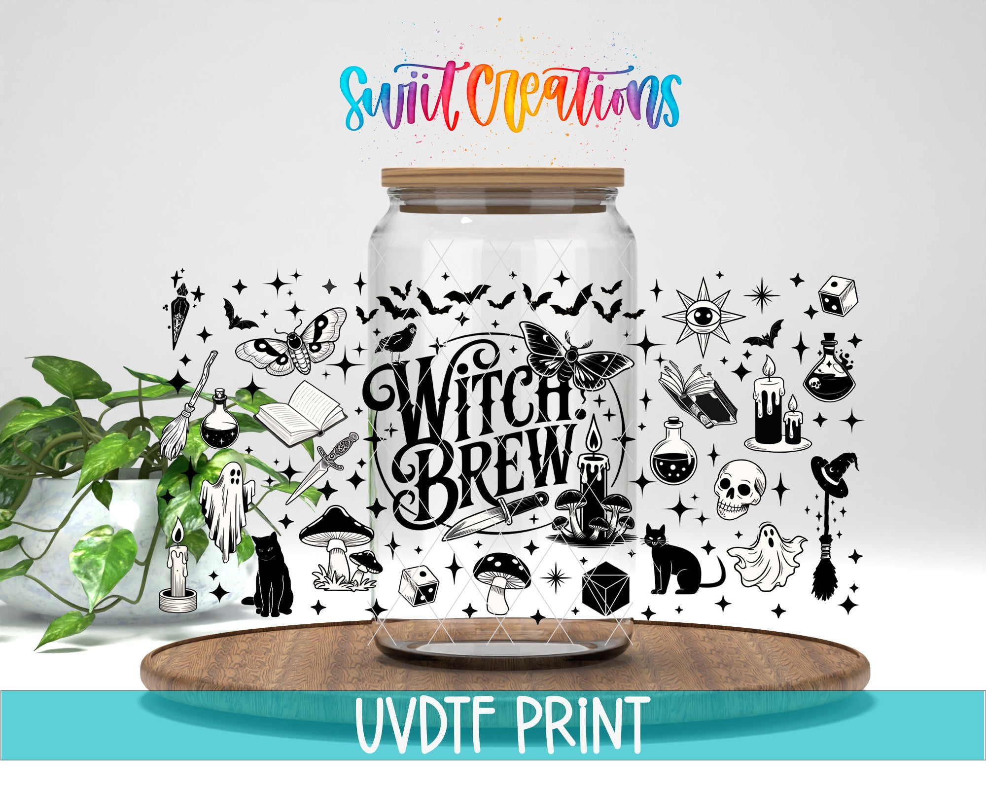 a large glass jar with a label that says "Witch Brew" surrounded by various Halloween-themed illustrations, such as bats, skulls, mushrooms, and a ghost. The jar is placed on a wooden surface, and there is a plant in the background. The text "Swit Creations" is written above the jar, and "UVDDF PRINT" is written at the bottom of the image.