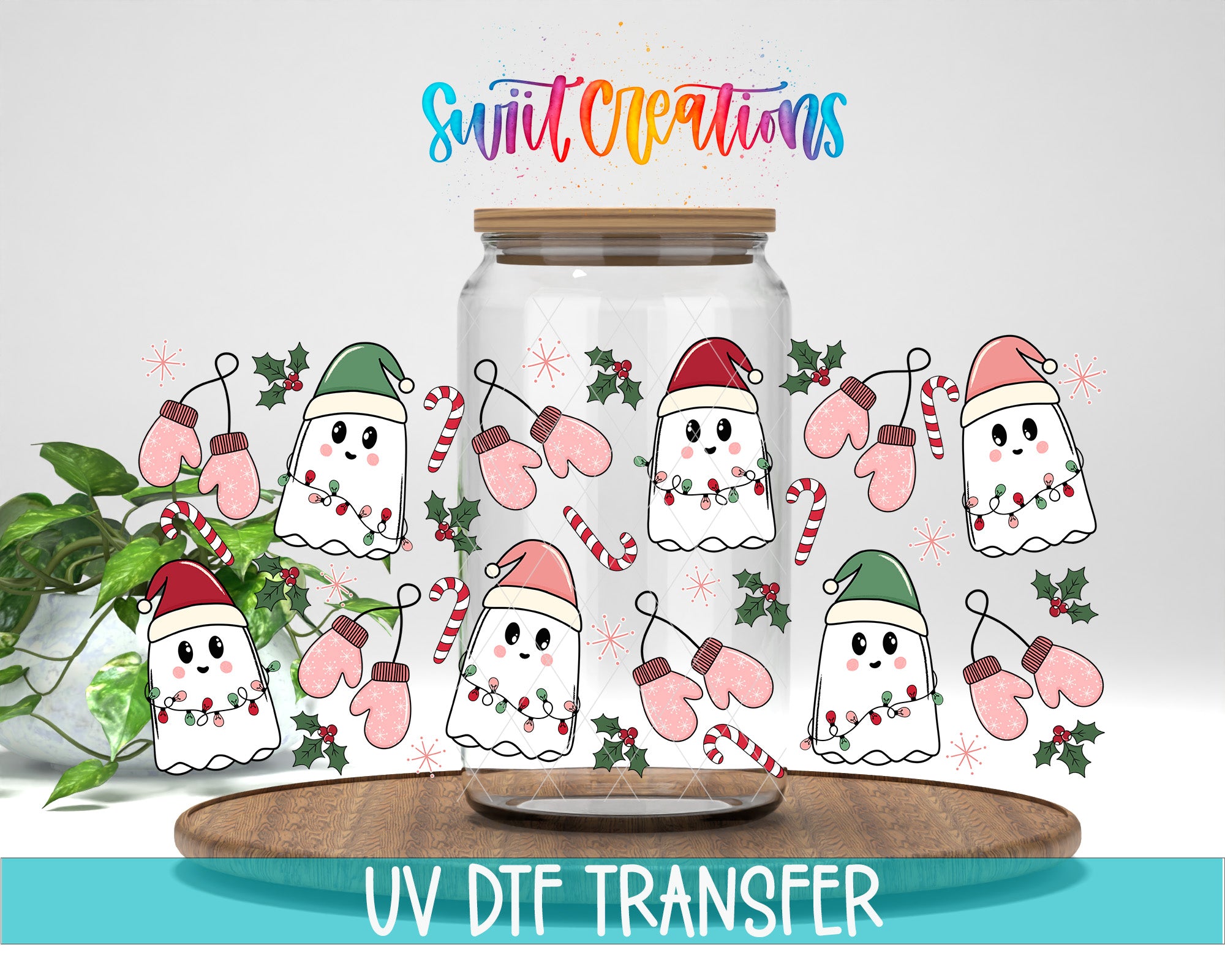 A glass jar filled with various cartoon-style ghost characters, each wearing a hat and holding a candy cane, surrounded by festive holiday decorations such as holly and mistletoe. The jar is placed on a wooden surface, and the text "Swift Creations" is written above it.