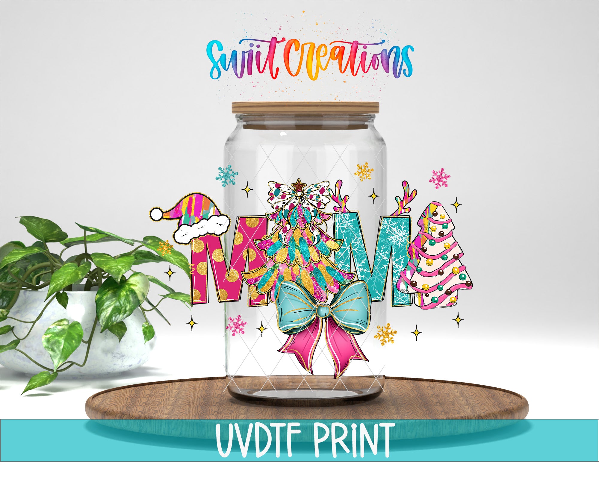 A glass jar with a lid, decorated with colorful Christmas-themed illustrations, including a Santa hat, a Christmas tree, and snowflakes. The jar is placed on a wooden surface, and there is a potted plant in the background.