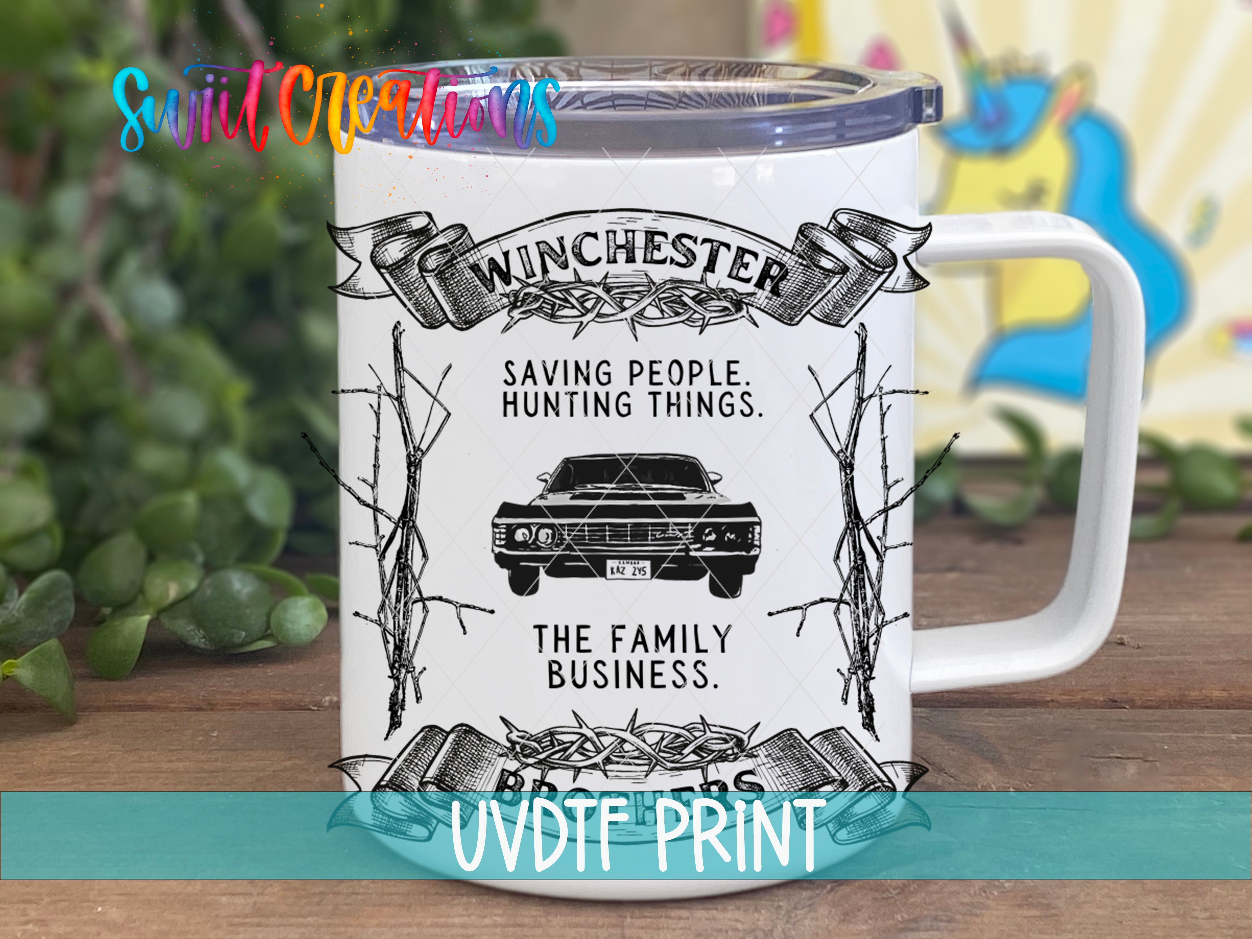 a white coffee mug with a picture of a car on it