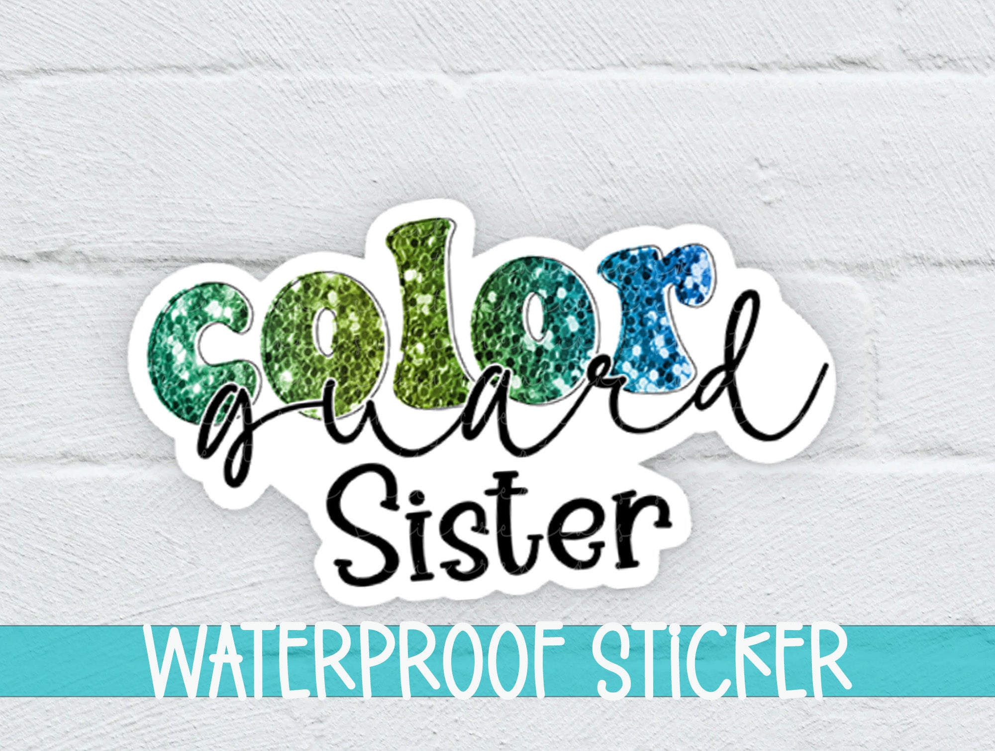 a white brick wall with a blue and green sticker on it