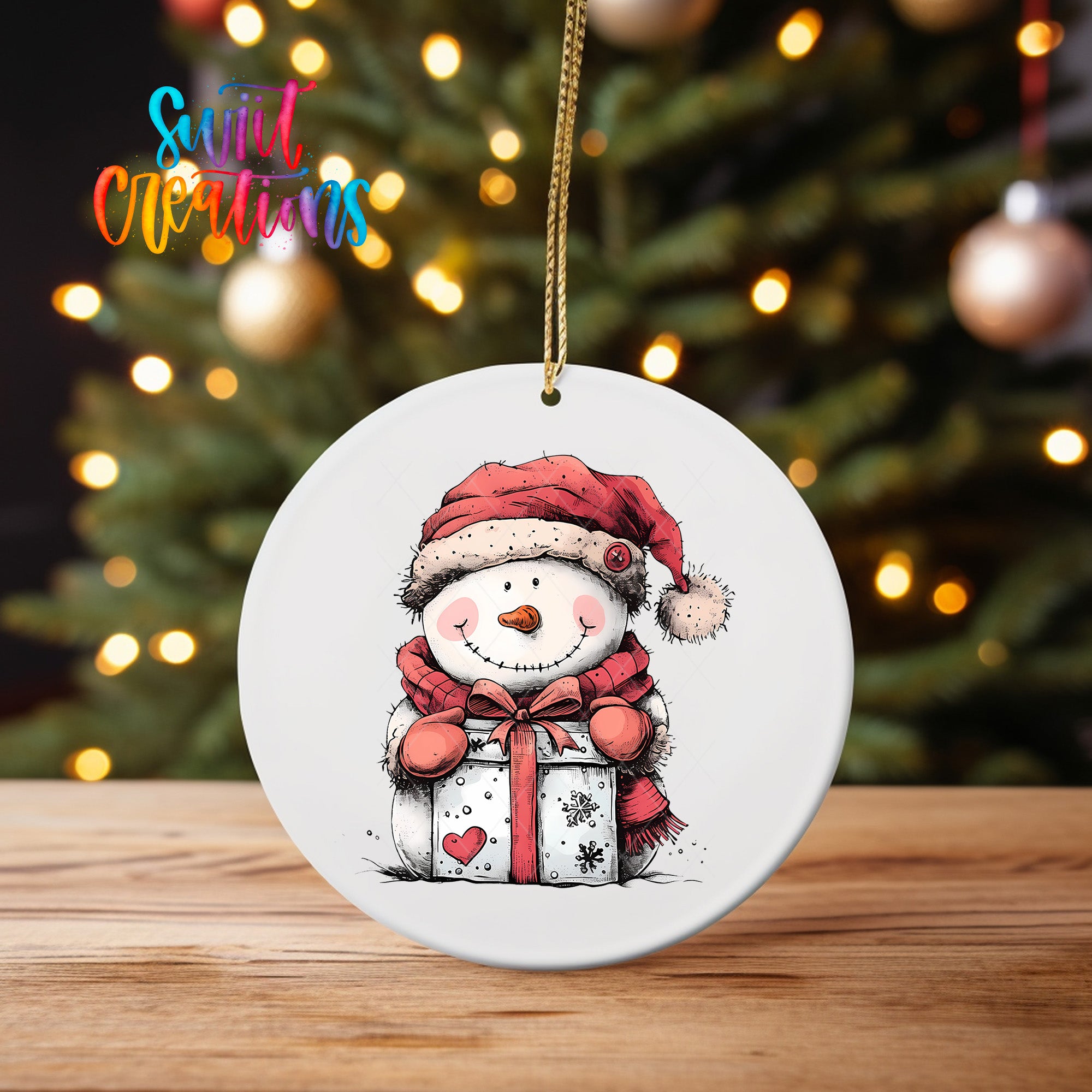 A white ornament featuring a snowman holding a gift box, with a Christmas tree in the background.