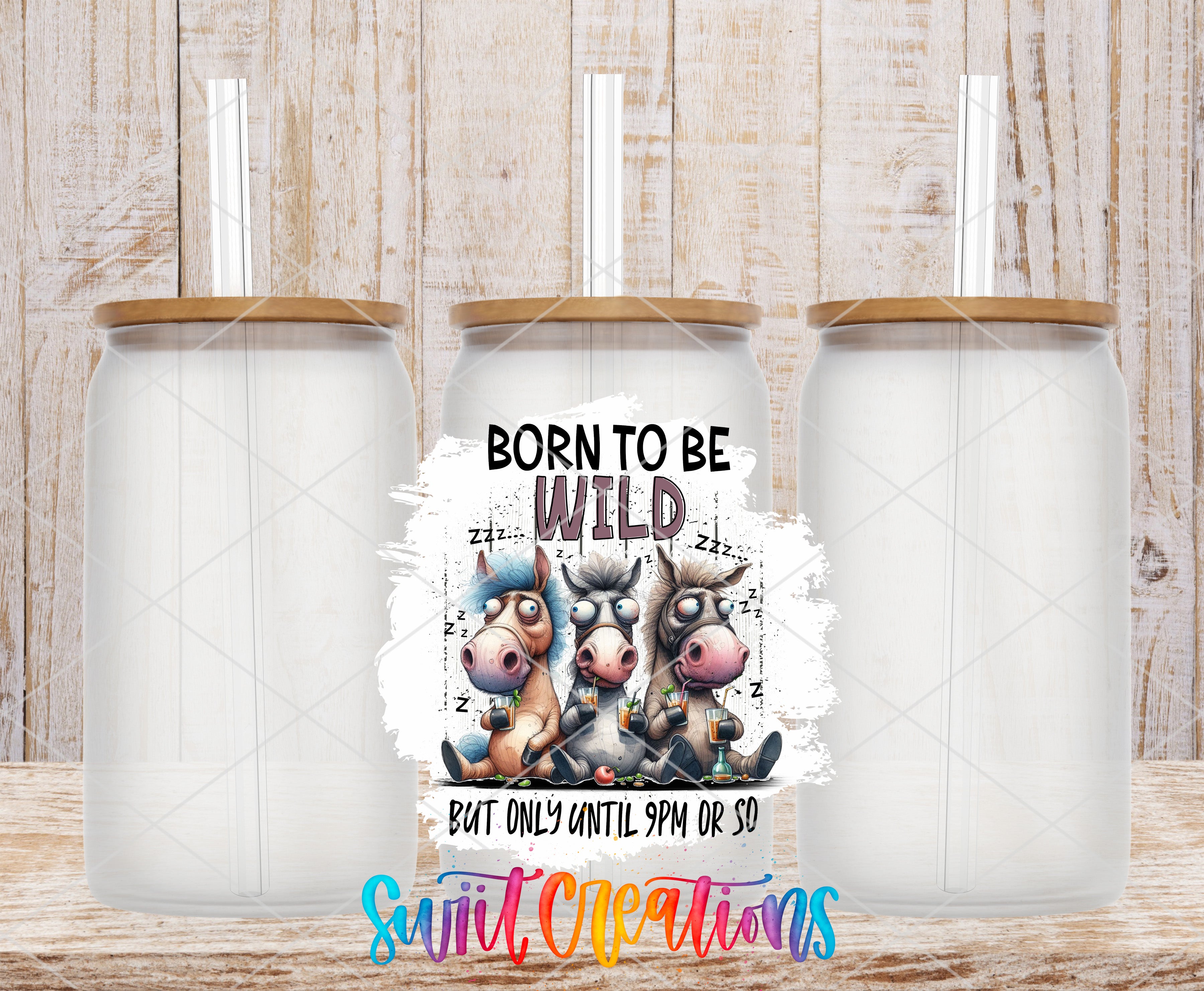 three glass jars with straws, each containing a cartoon character. The character is wearing a hat and holding a sign that says "Born to be wild". The background is a wooden wall with a textured finish.