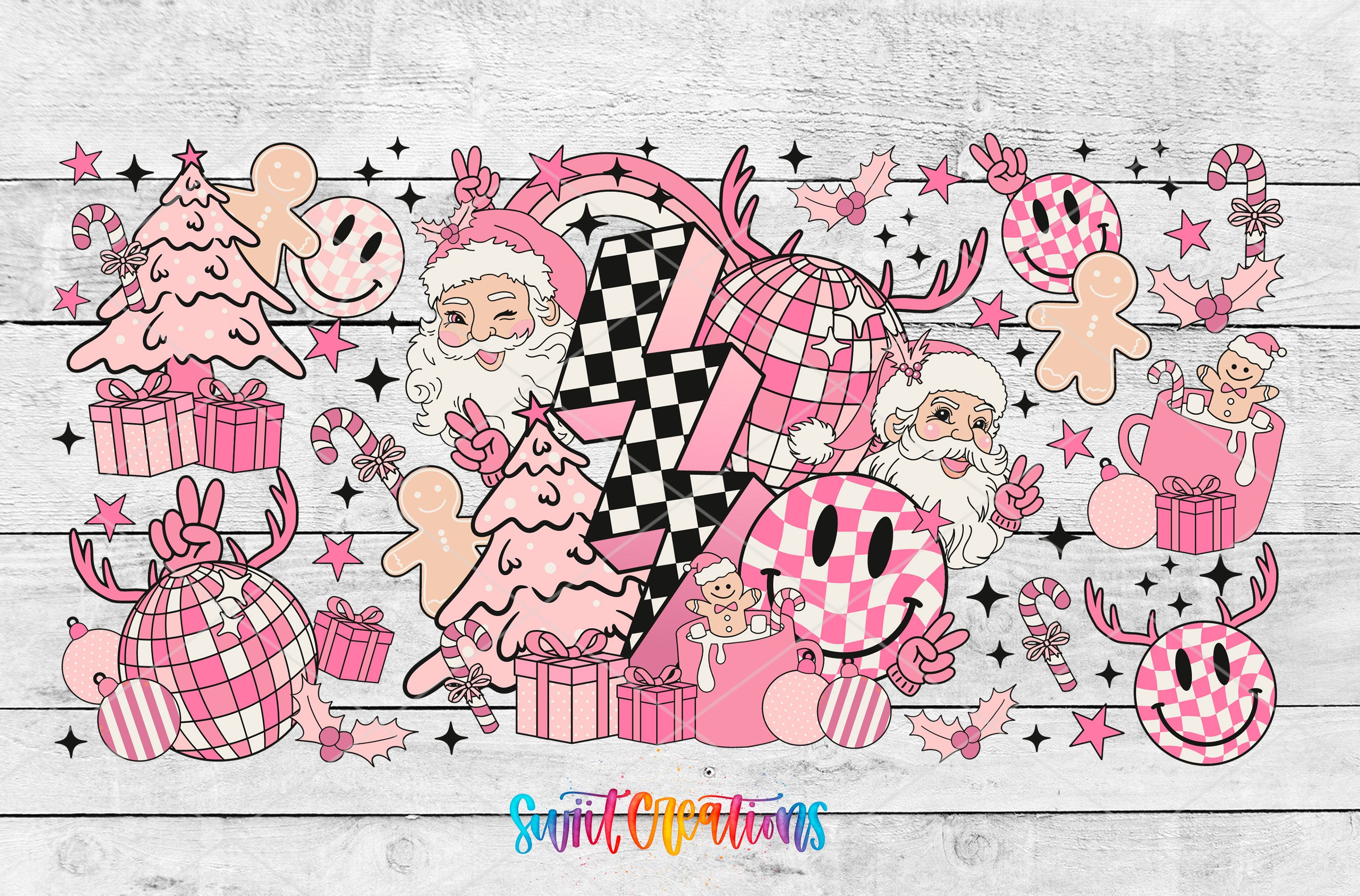 The image is a collage of various Christmas-themed elements, including Santa Claus, reindeer, presents, and other festive decorations, all rendered in a vibrant pink and black color scheme.