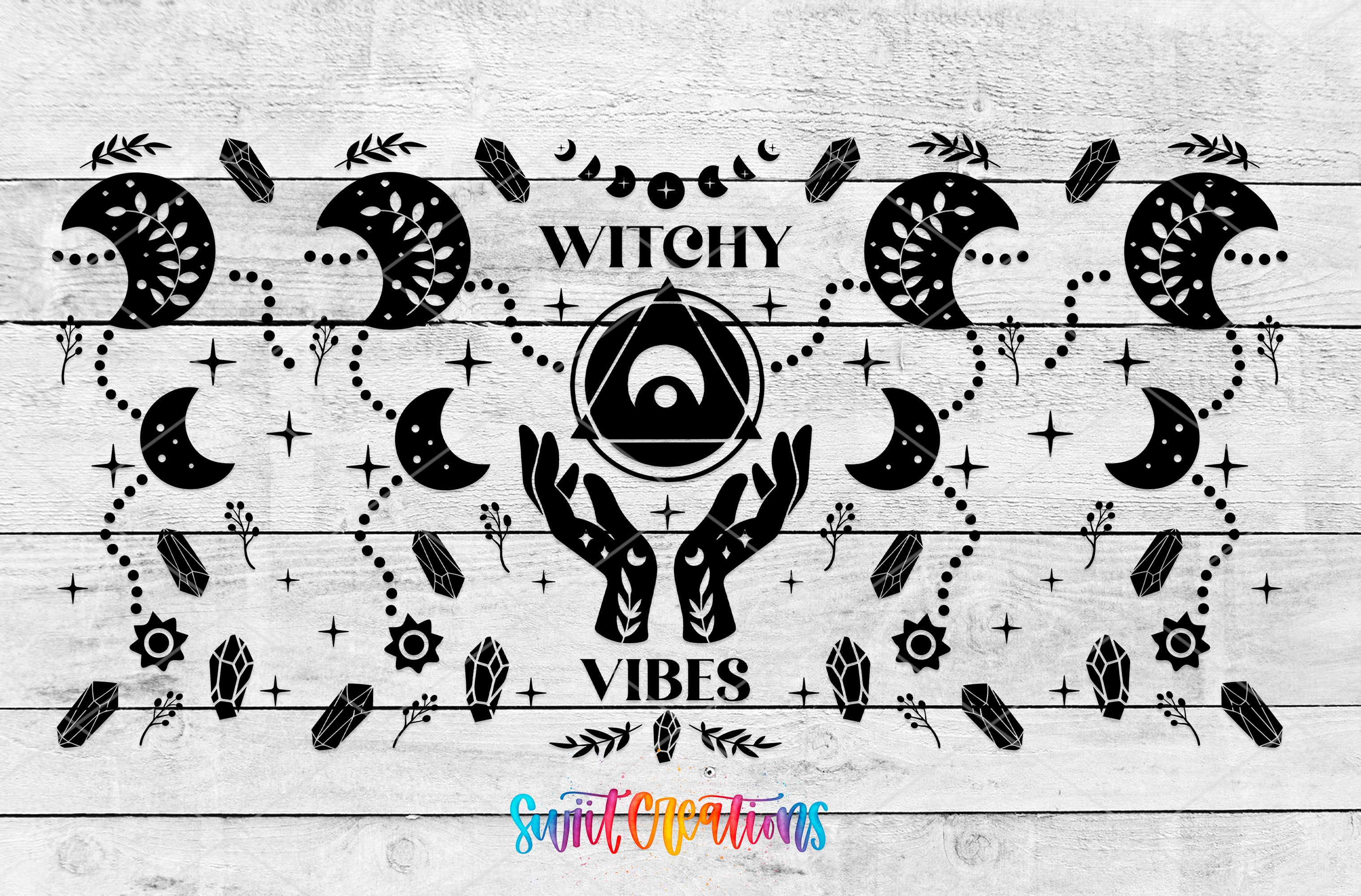 The image is a black and white graphic design featuring various symbols and text related to the concept of "Witchy Vibes". The design includes silhouettes of crescent moons, crystals, and other mystical elements, along with the text "Witchy Vibes" prominently displayed.