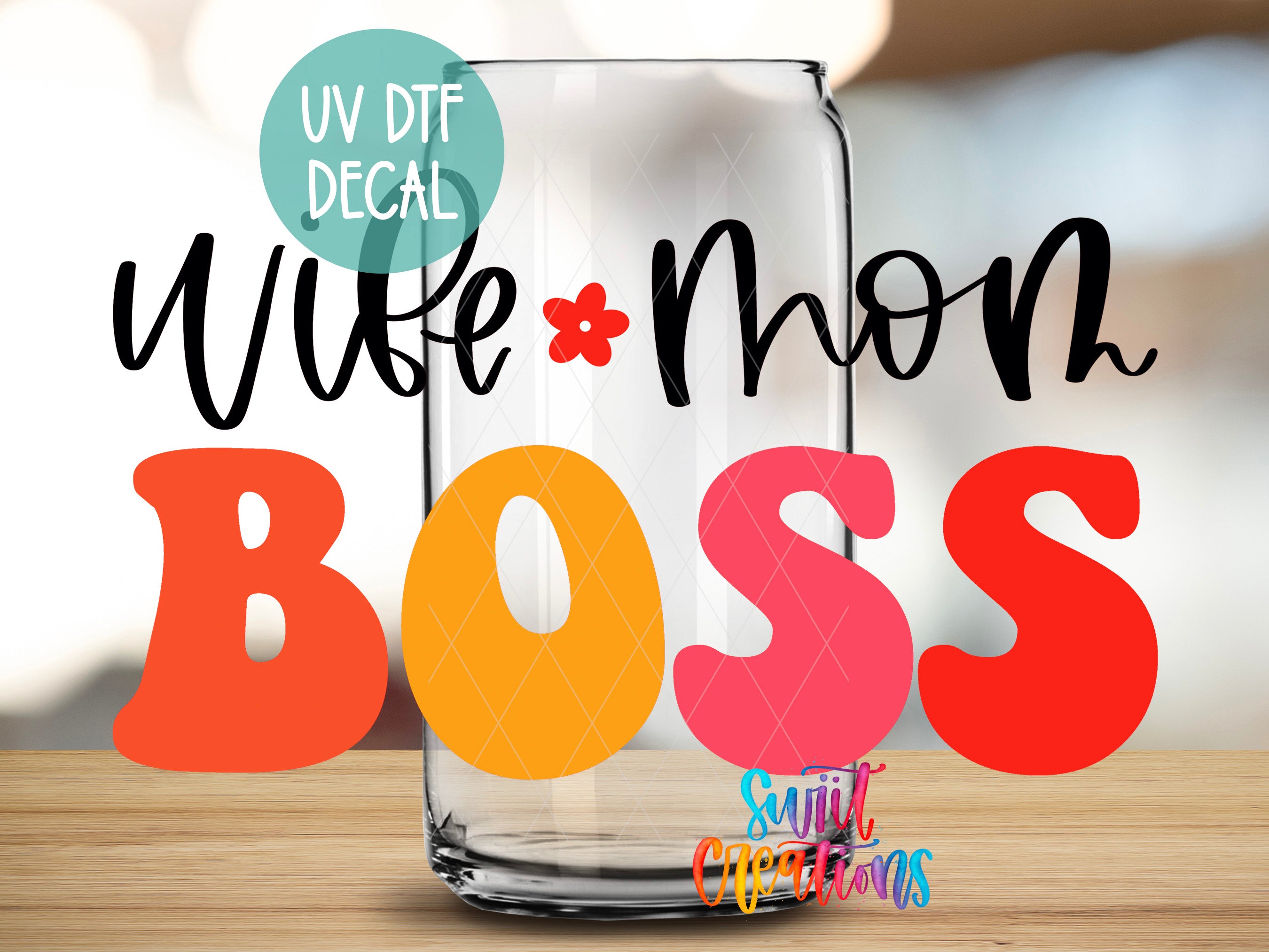 a glass vase with the words wife mom boss on it