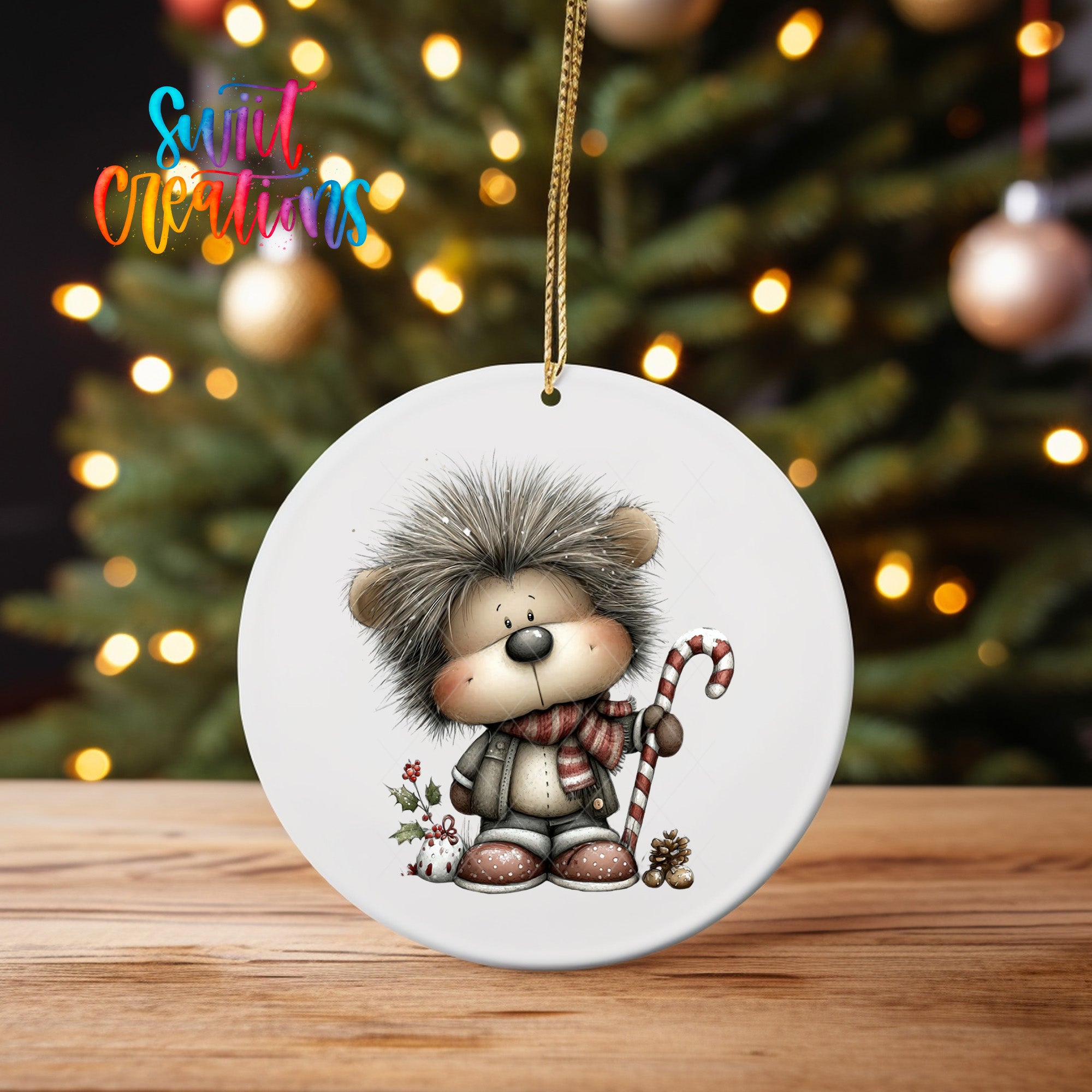 A white ceramic ornament featuring a cartoon hedgehog character with a candy cane and other festive decorations, hanging on a string against a blurred background of Christmas lights.