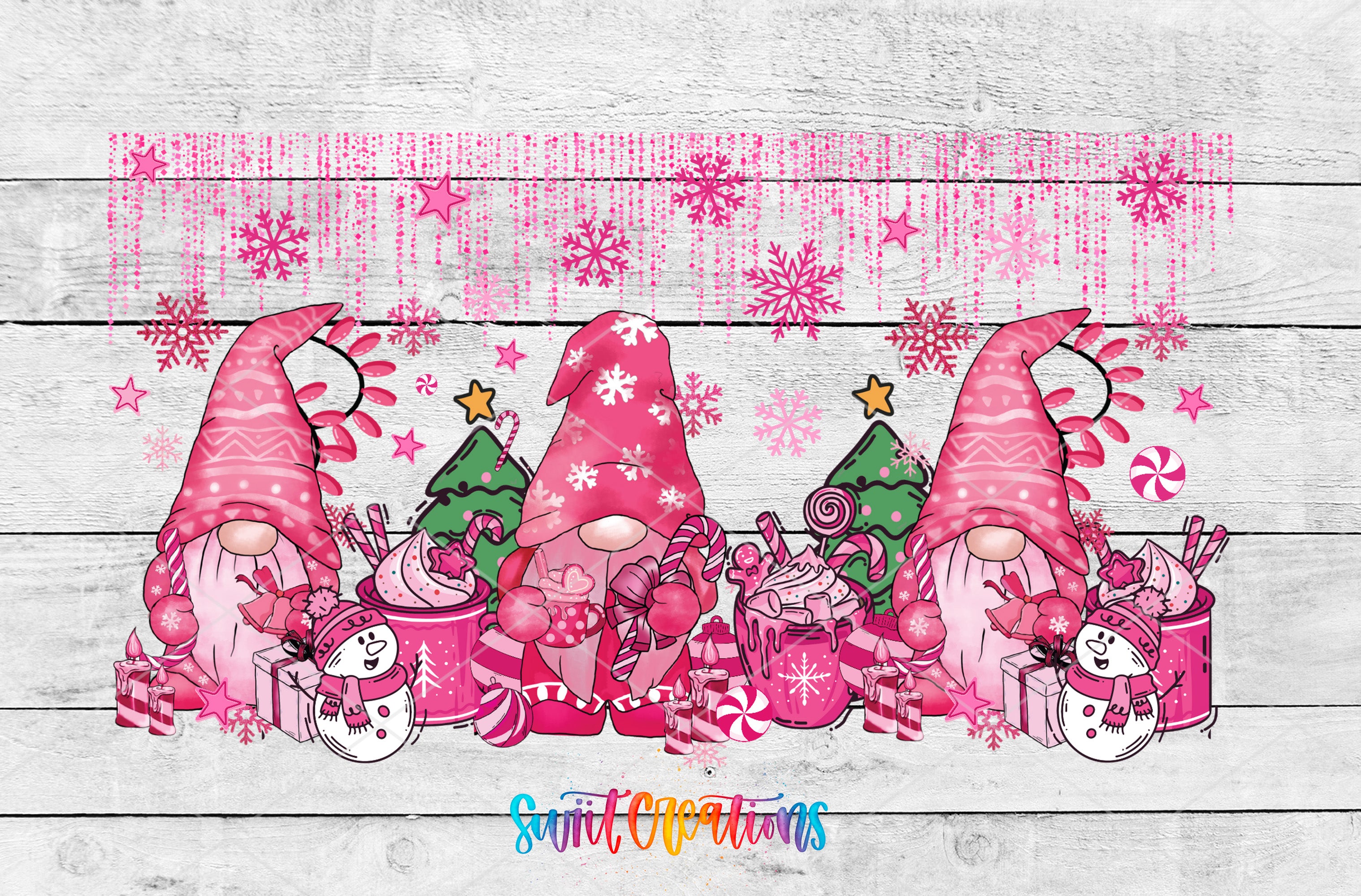 A festive scene featuring three gnomes surrounded by various Christmas-themed items, including snowflakes, stars, and candy canes.