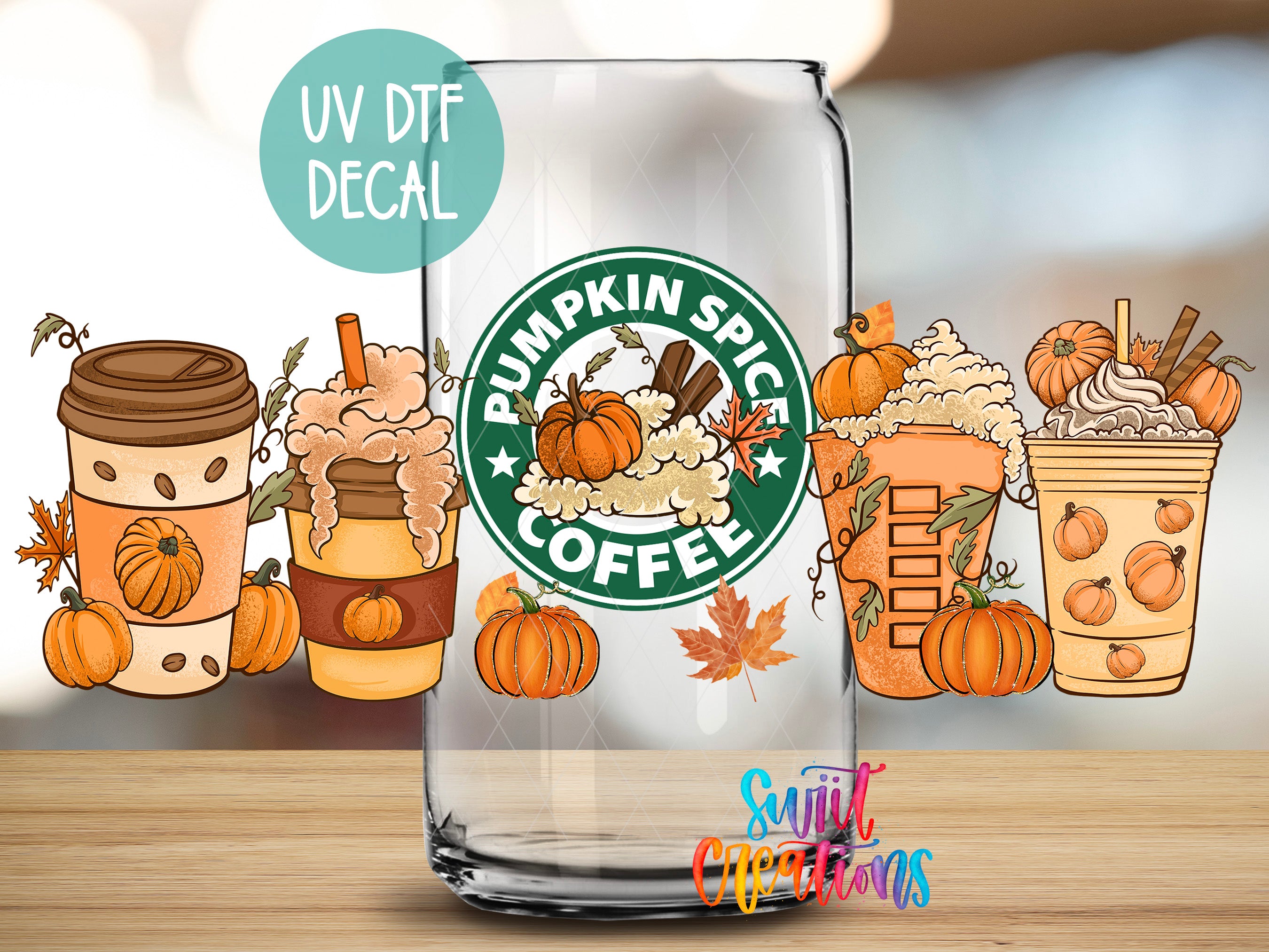 a glass with a pumpkin-themed coffee decal, surrounded by various pumpkin-themed coffee drinks.