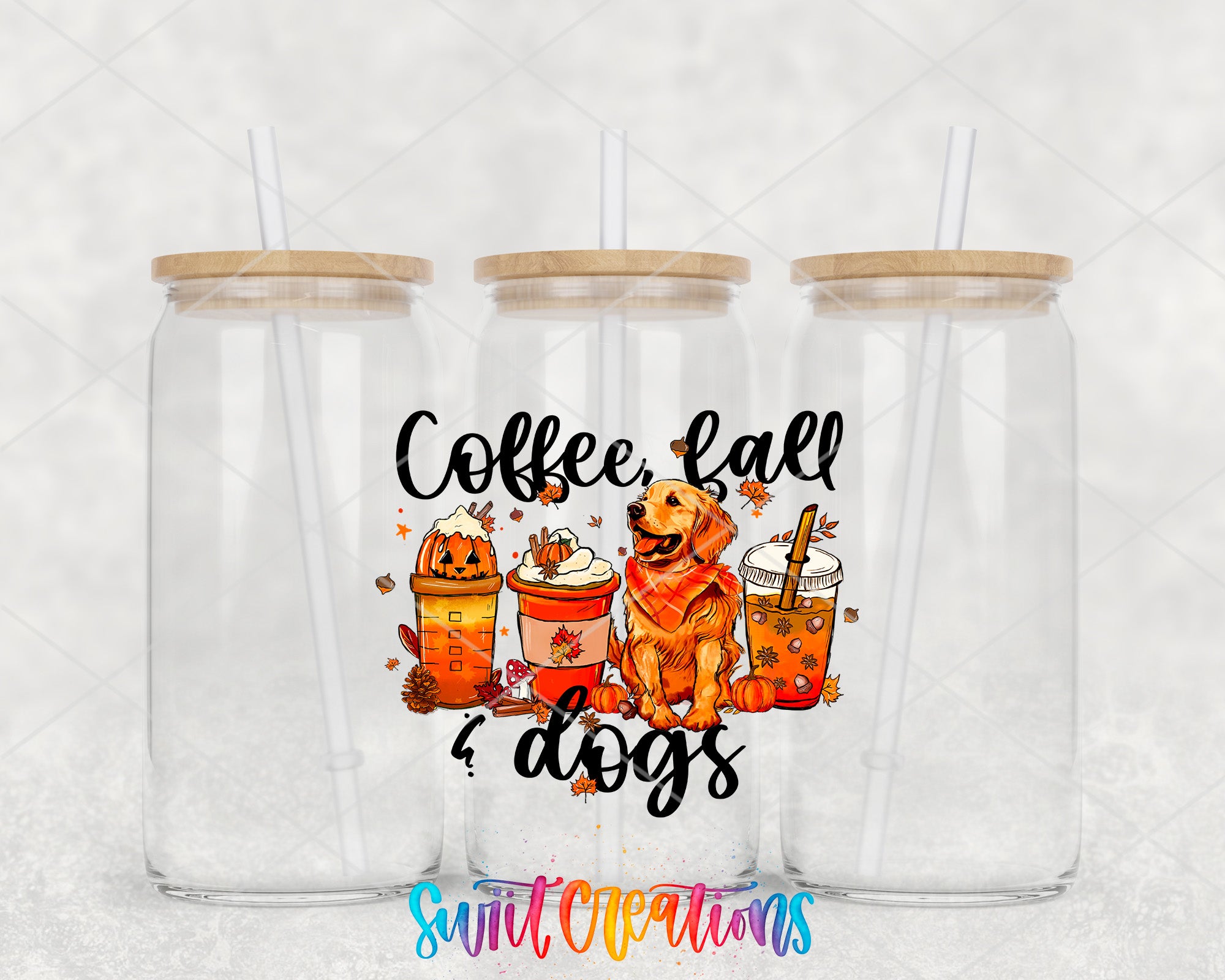 three clear glass jars with wooden lids, each containing a different beverage such as coffee, tea, and hot chocolate. The jars are arranged in a row, and there is a text overlay that reads "Coffee, fall & dogs" in a playful font.