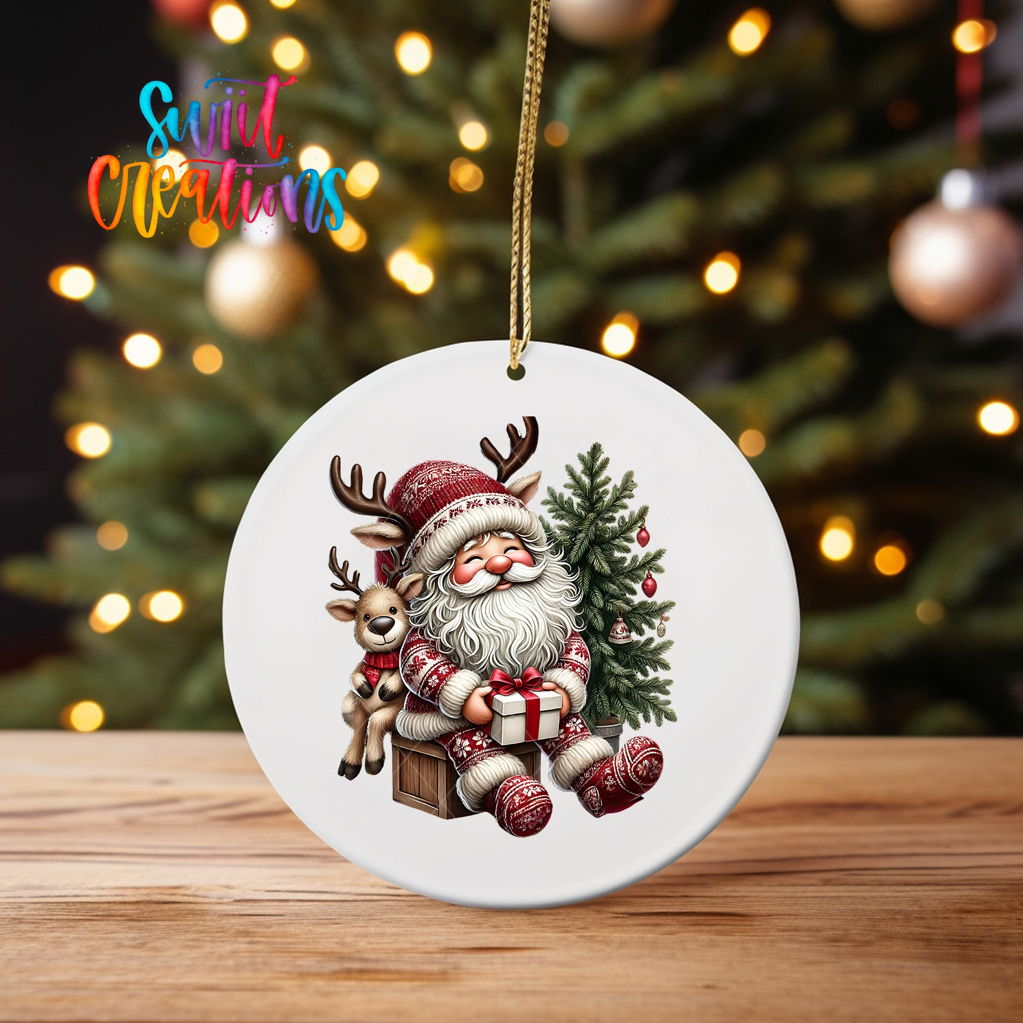 A white ceramic ornament featuring a Santa Claus figure sitting on a reindeer, with a Christmas tree in the background.