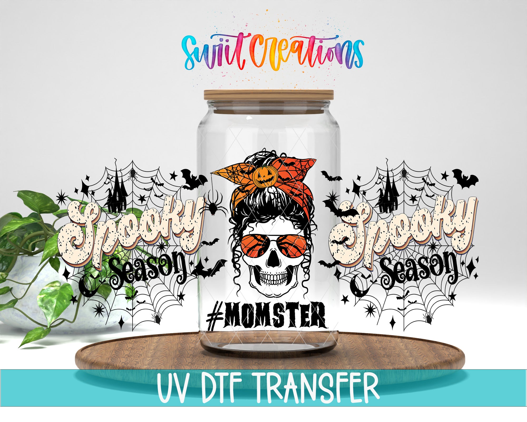 a Halloween-themed jar with a skull wearing sunglasses and a bandana, surrounded by various Halloween-related graphics and text.