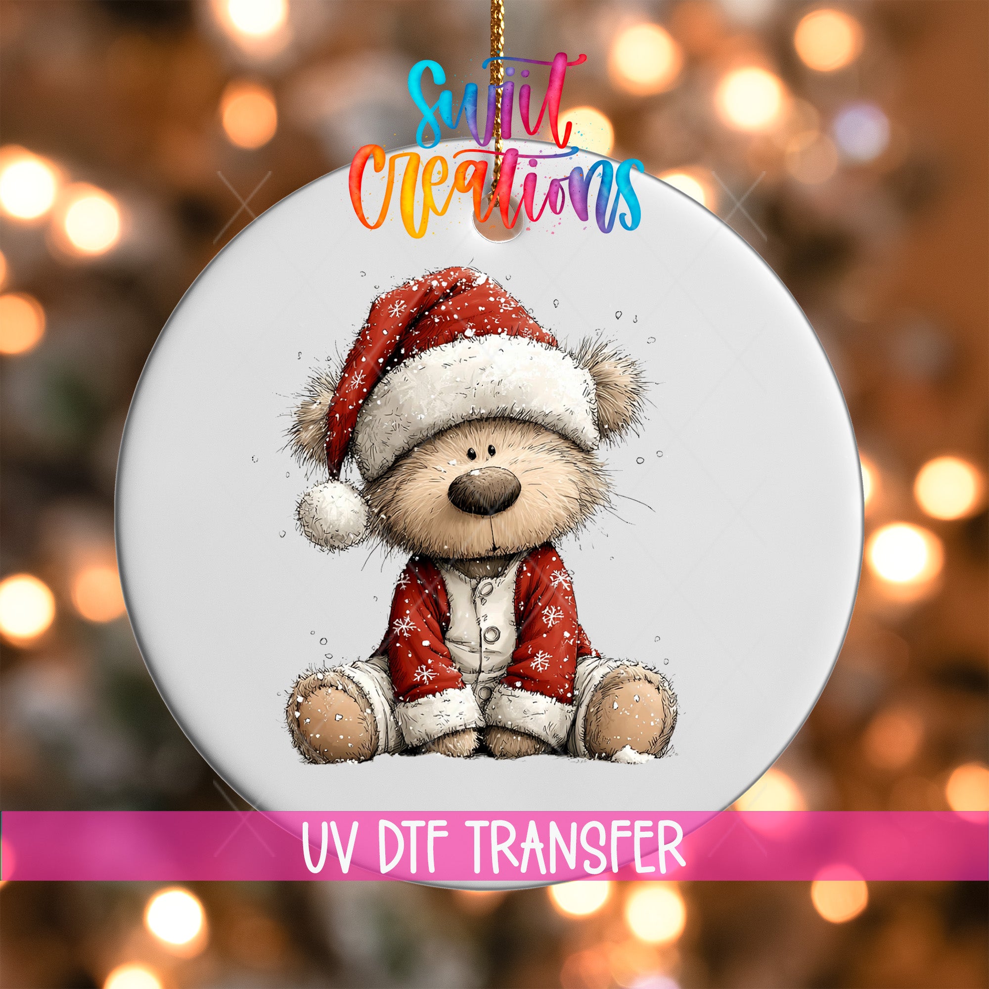 A white ornament with a teddy bear wearing a Santa hat and red outfit, sitting on a white background.