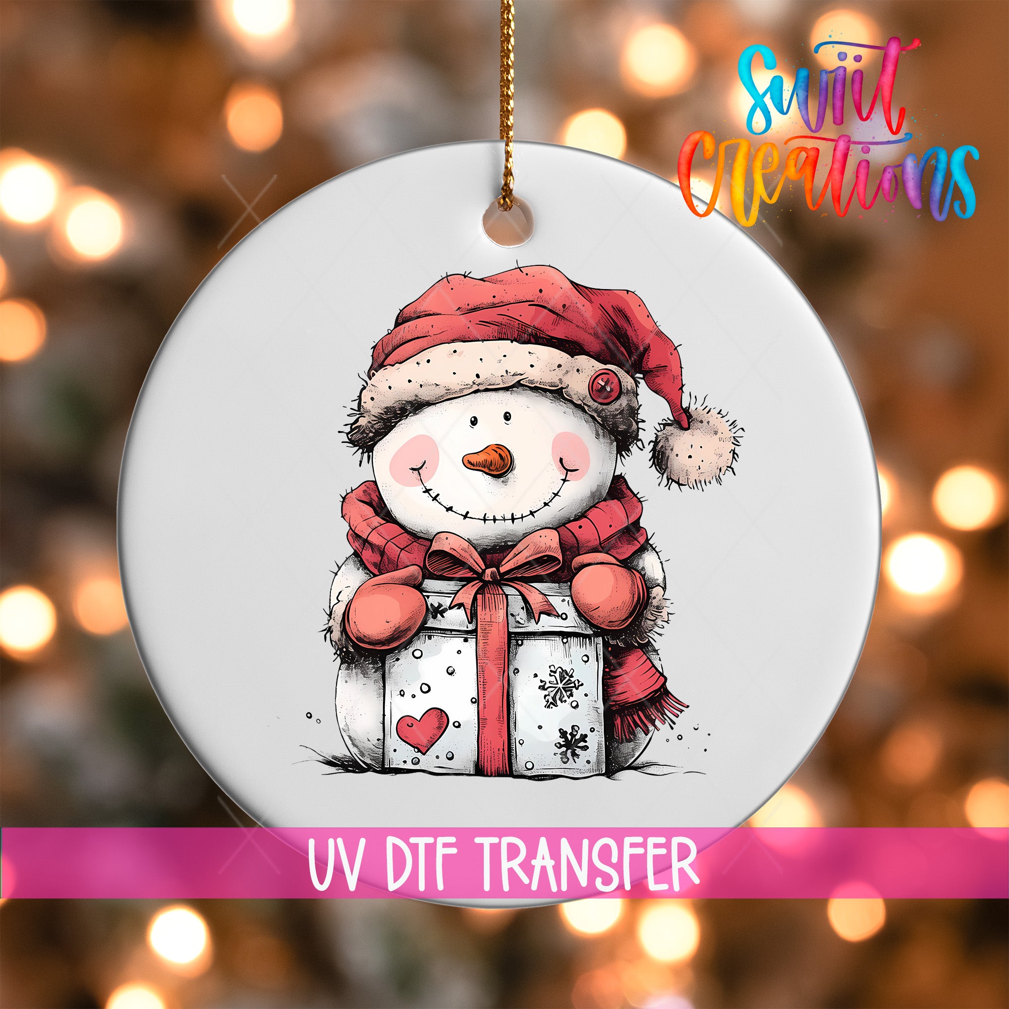 A snowman ornament with a gift box, wearing a red hat and scarf, is hanging against a background of colorful lights.