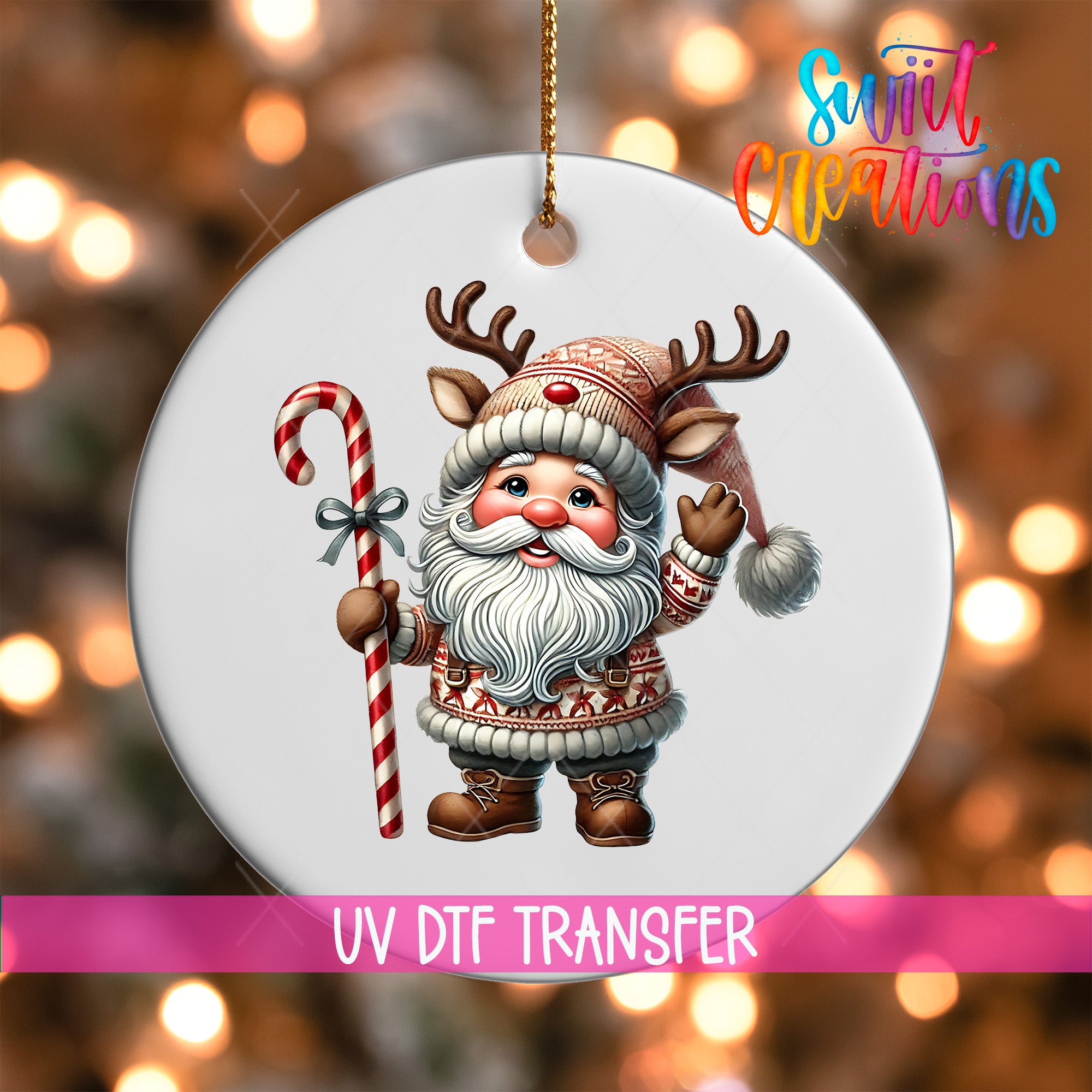 A white ornament featuring a cartoon Santa Claus character holding a candy cane and waving.