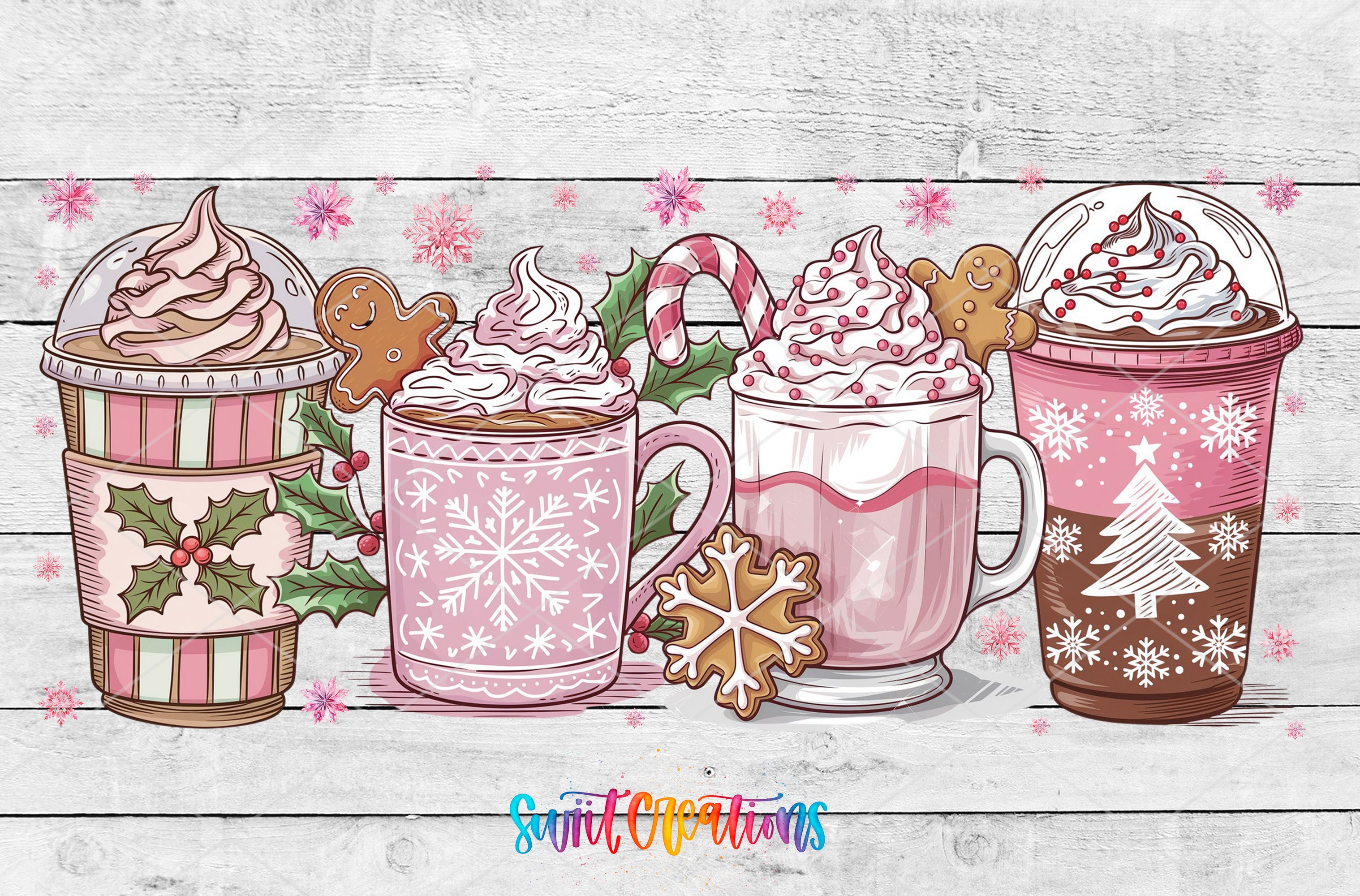 a wooden table topped with two cups of hot chocolate
