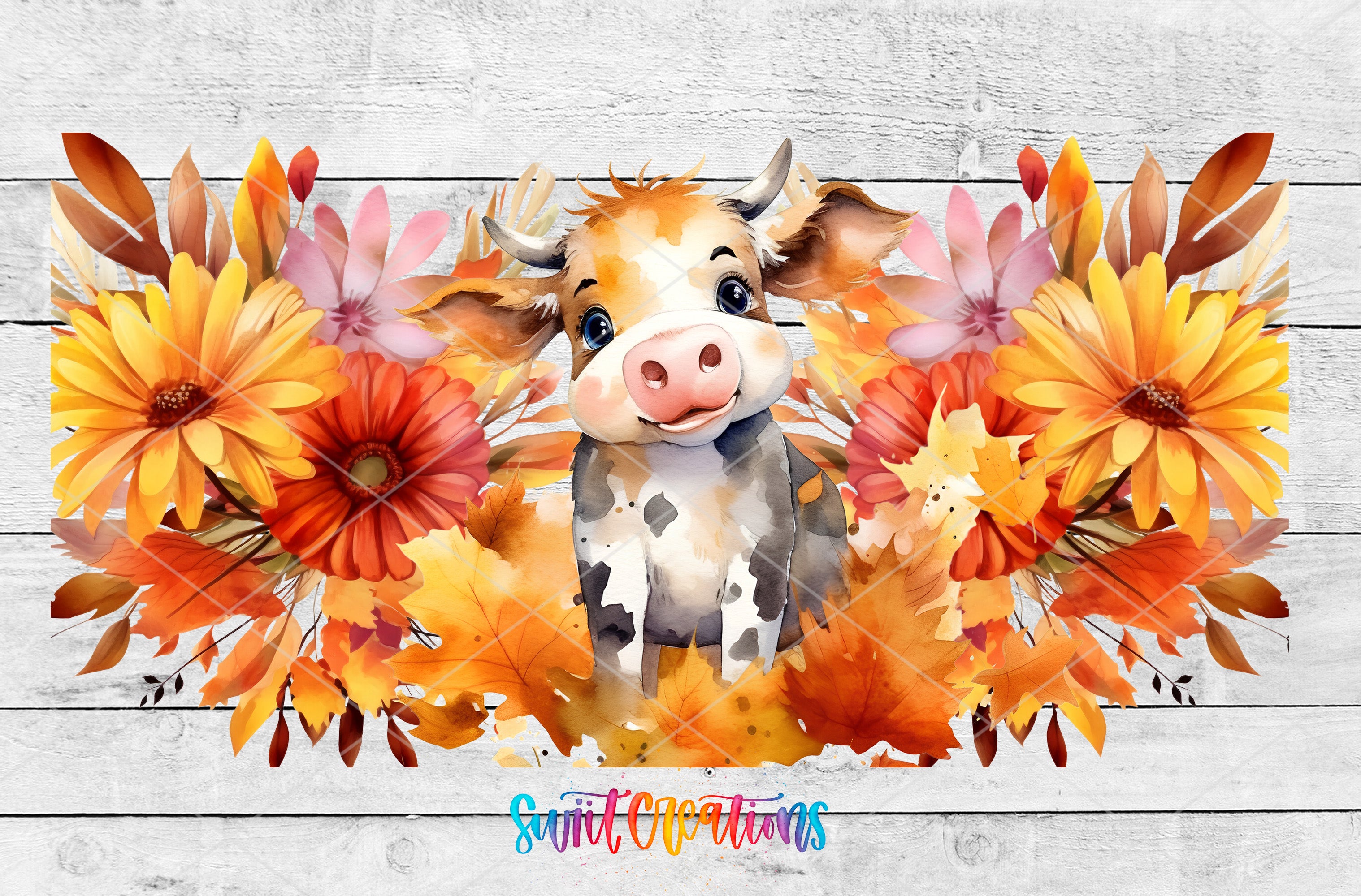 a watercolor painting of a cow surrounded by flowers
