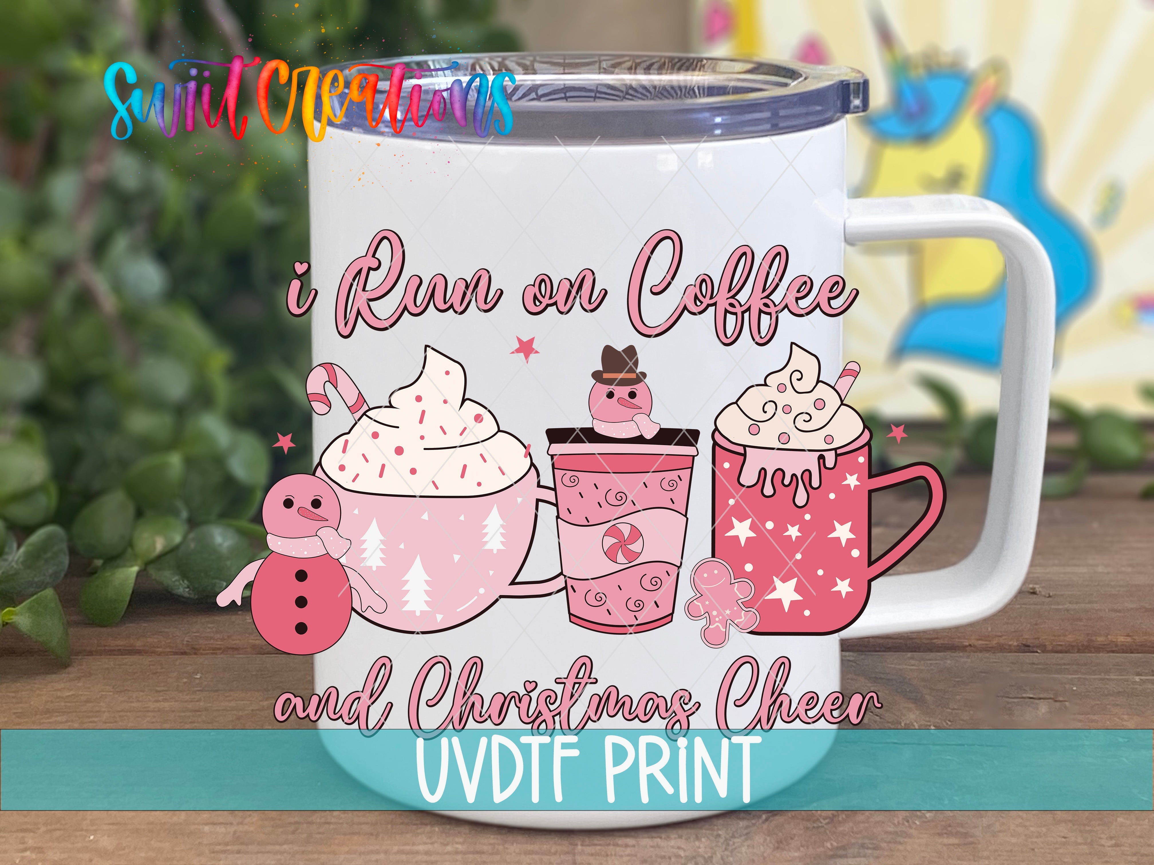 a white coffee mug with a pink design on it