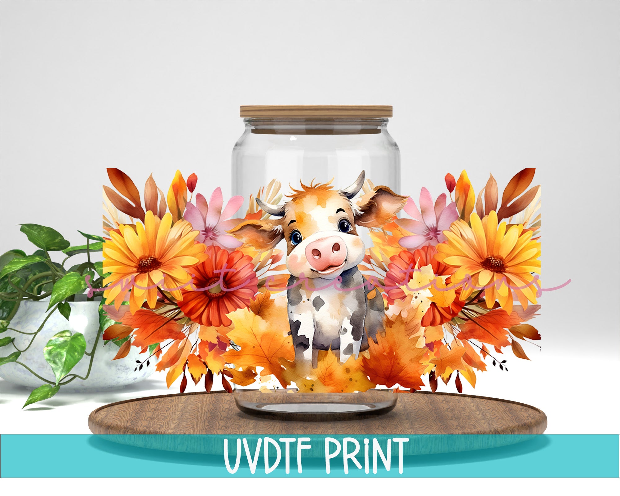 a painting of a cow in a jar with flowers
