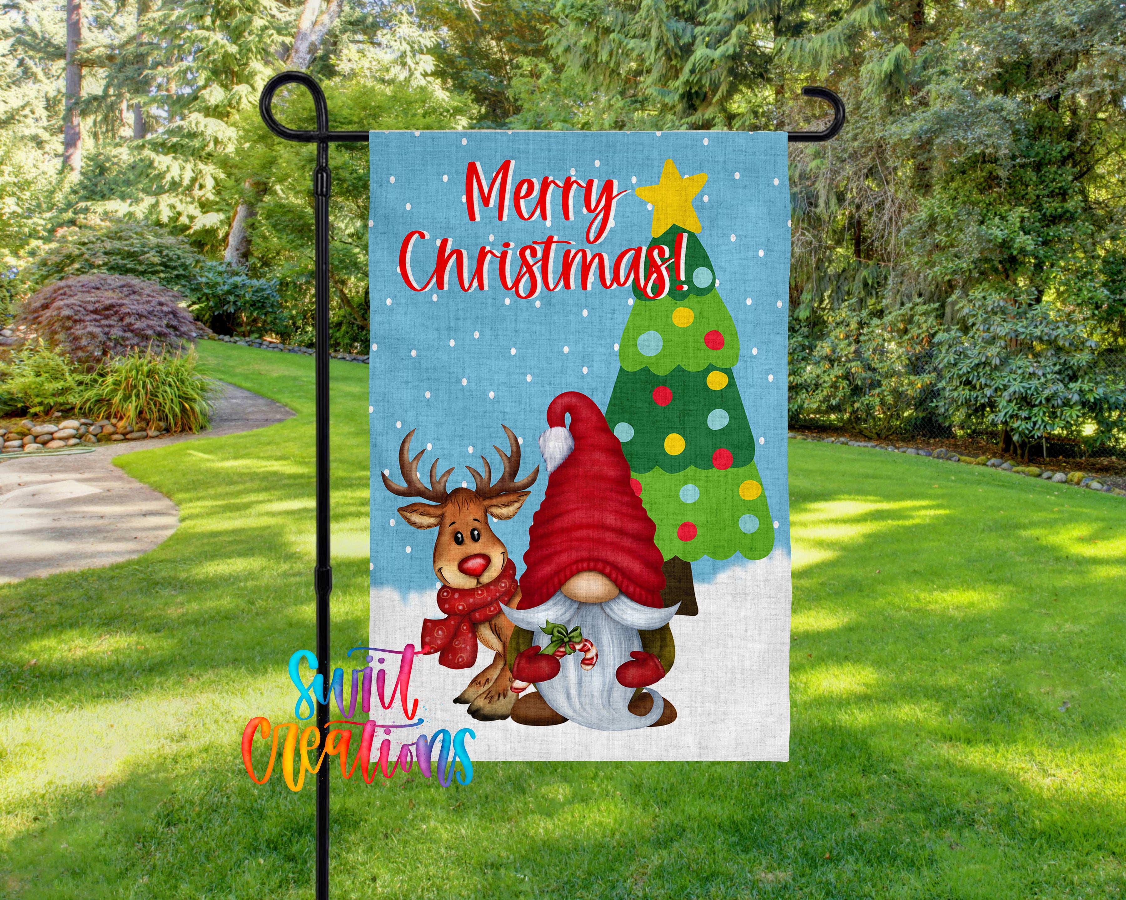 A colorful Christmas-themed garden flag with a gnome and reindeer, along with the text "Merry Christmas!" and a star.