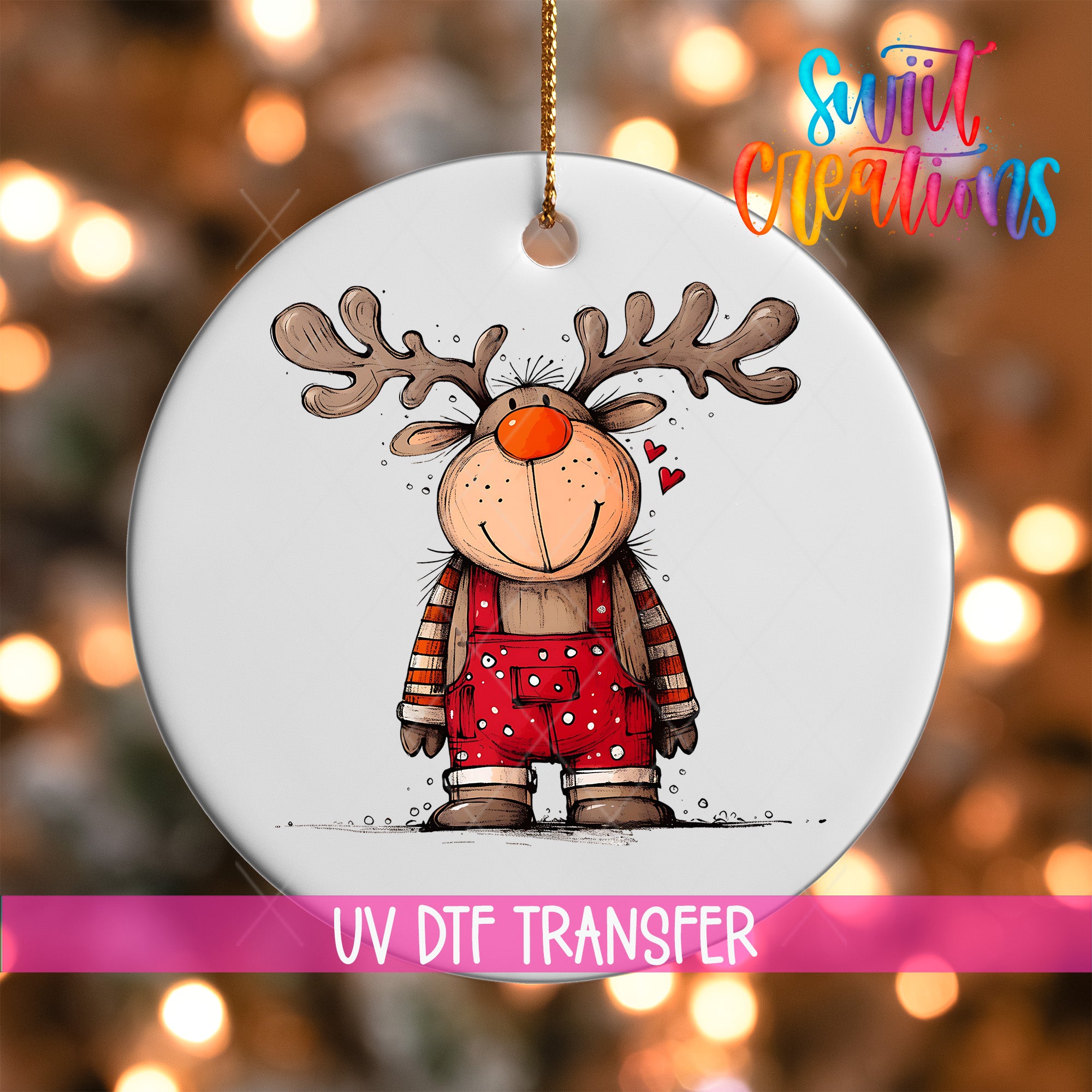 A white ornament with a cartoon reindeer wearing overalls and a red nose, with a pink ribbon around it.