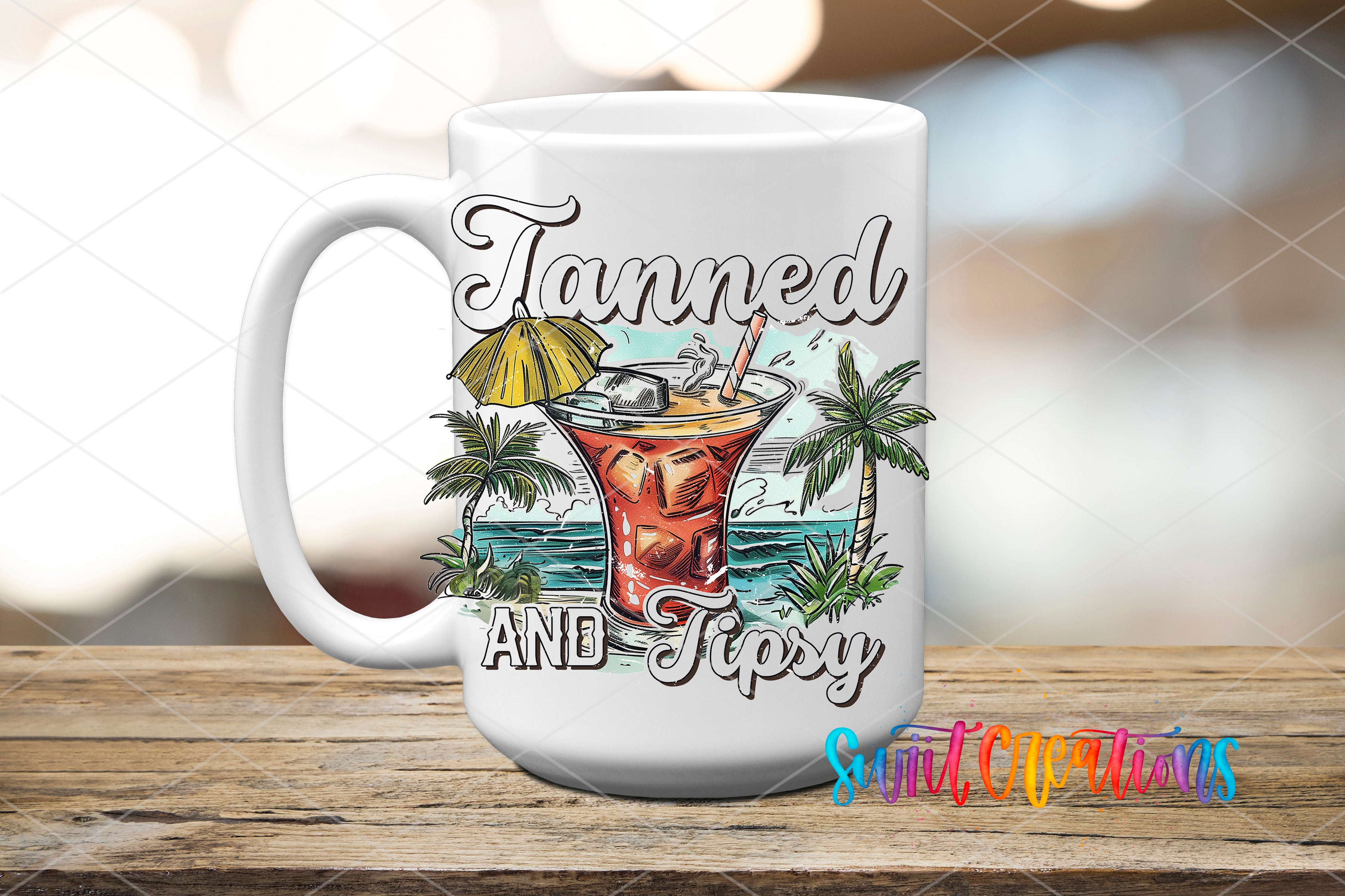 Swiit Creations UV DTF Tanned And Tipsy Tropical Cocktail transfer applied to a white ceramic mug