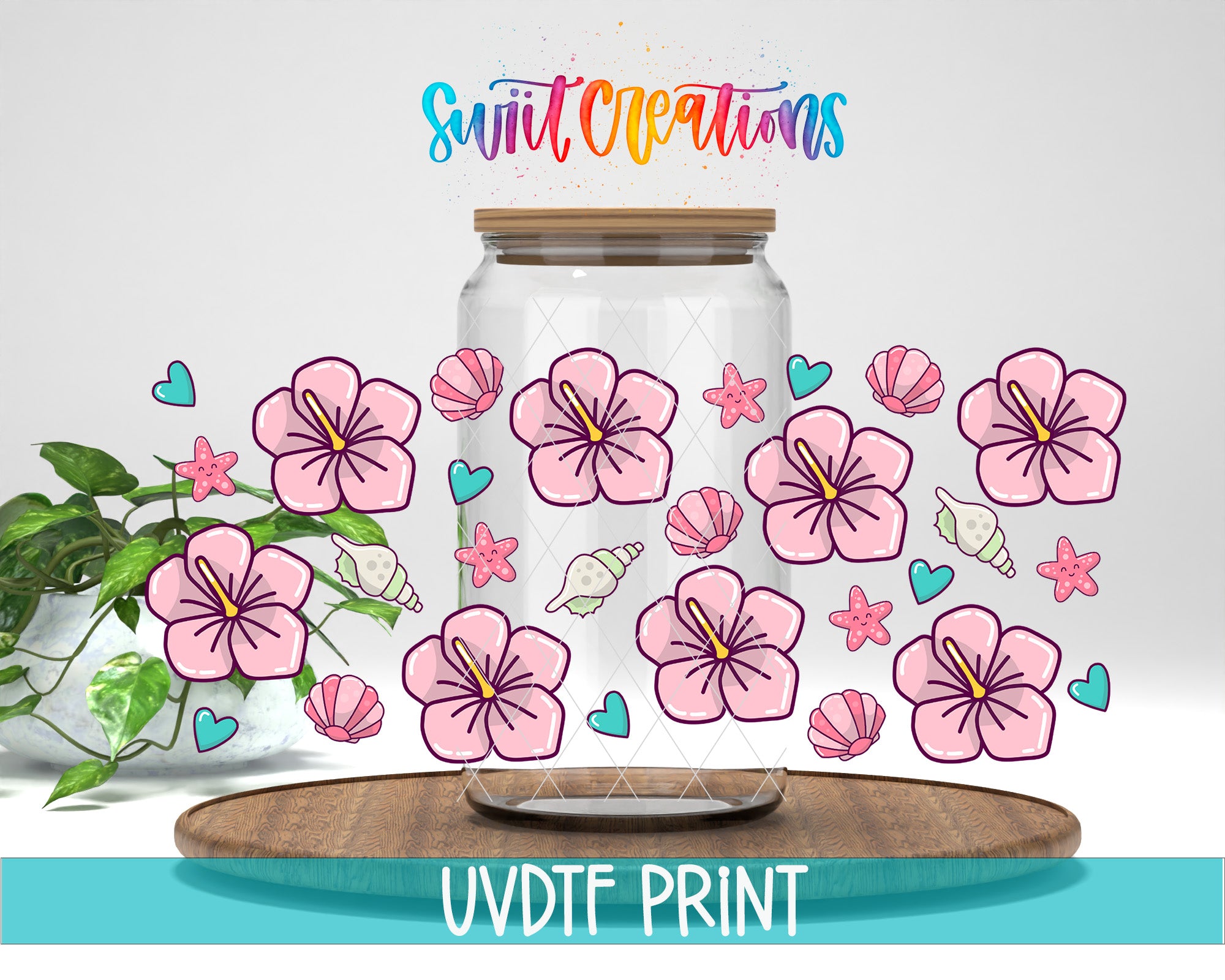a glass jar filled with pink flowers and shells, surrounded by a variety of colorful hearts and starfish. The text "Swift Creations" is written above the jar, and "UVDF PRINT" is written at the bottom of the image.