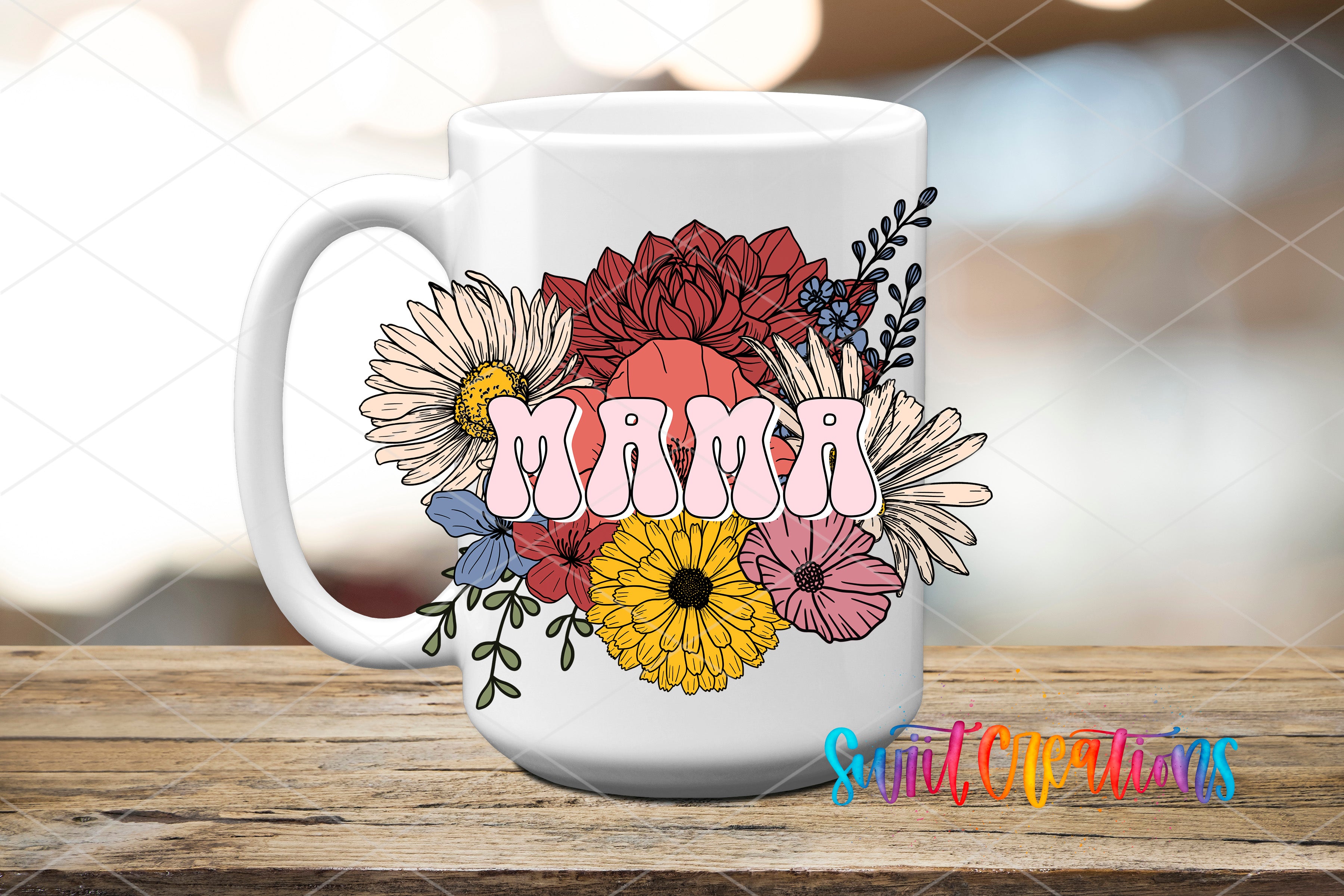 Swiit Creations UV DTF retro Mama floral transfer on a white ceramic mug mockup