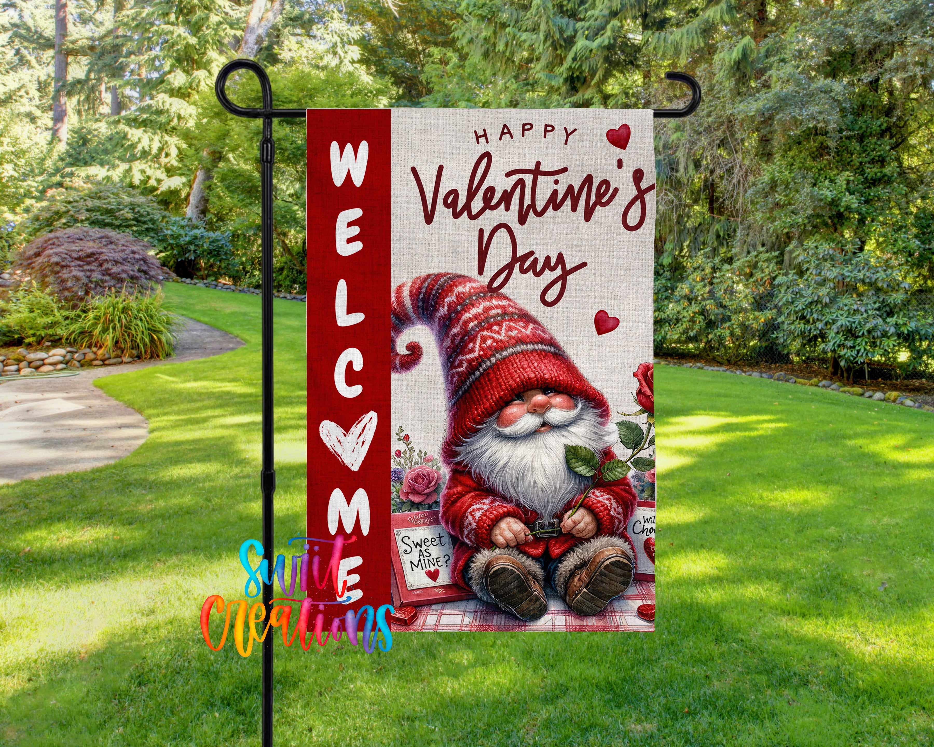 A red and white welcome sign with a gnome holding a rose, surrounded by greenery, indicating a "Happy Valentine's Day".