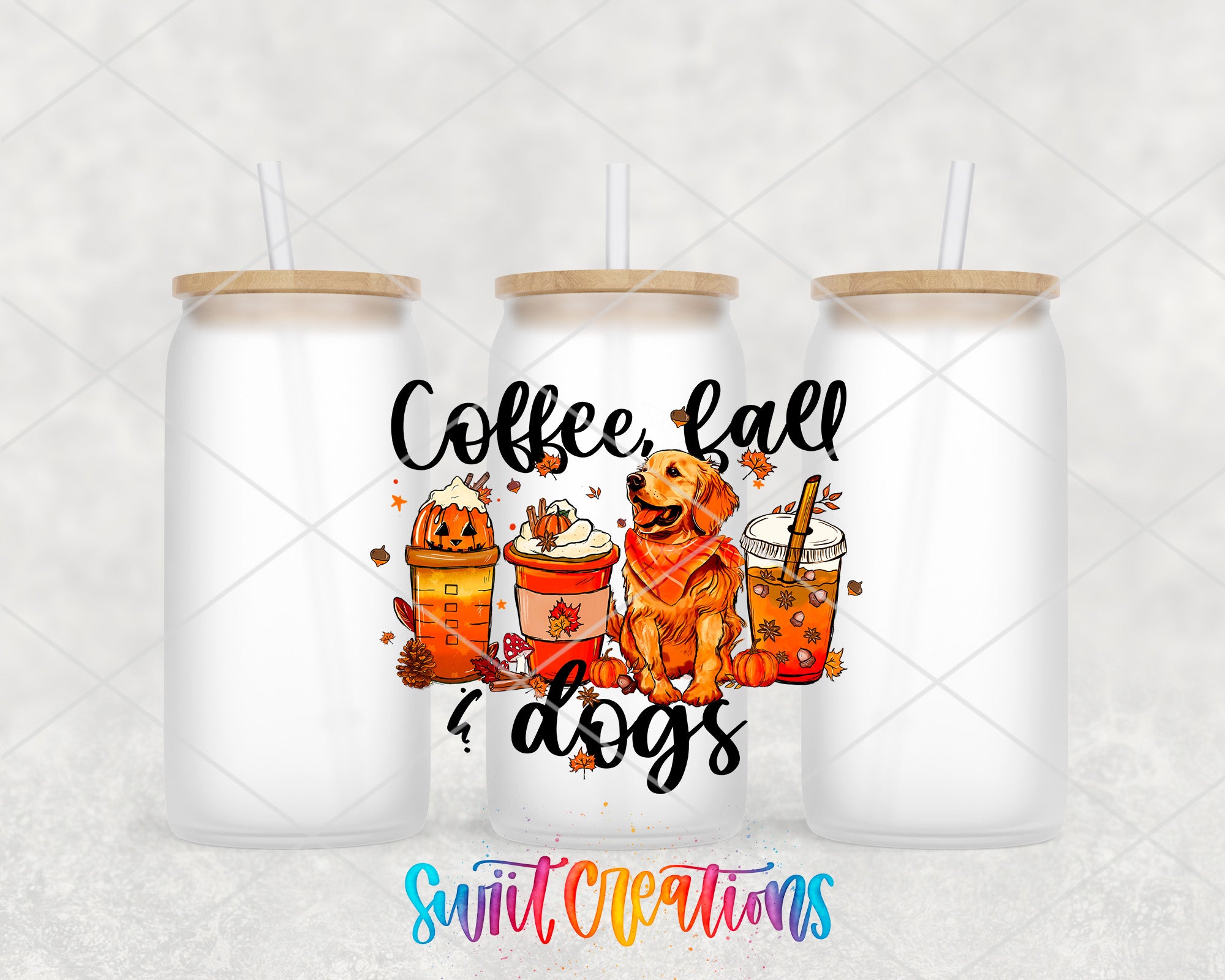 three white tumblers with a colorful design on them, including illustrations of a dog, a pumpkin, and a cup of coffee.