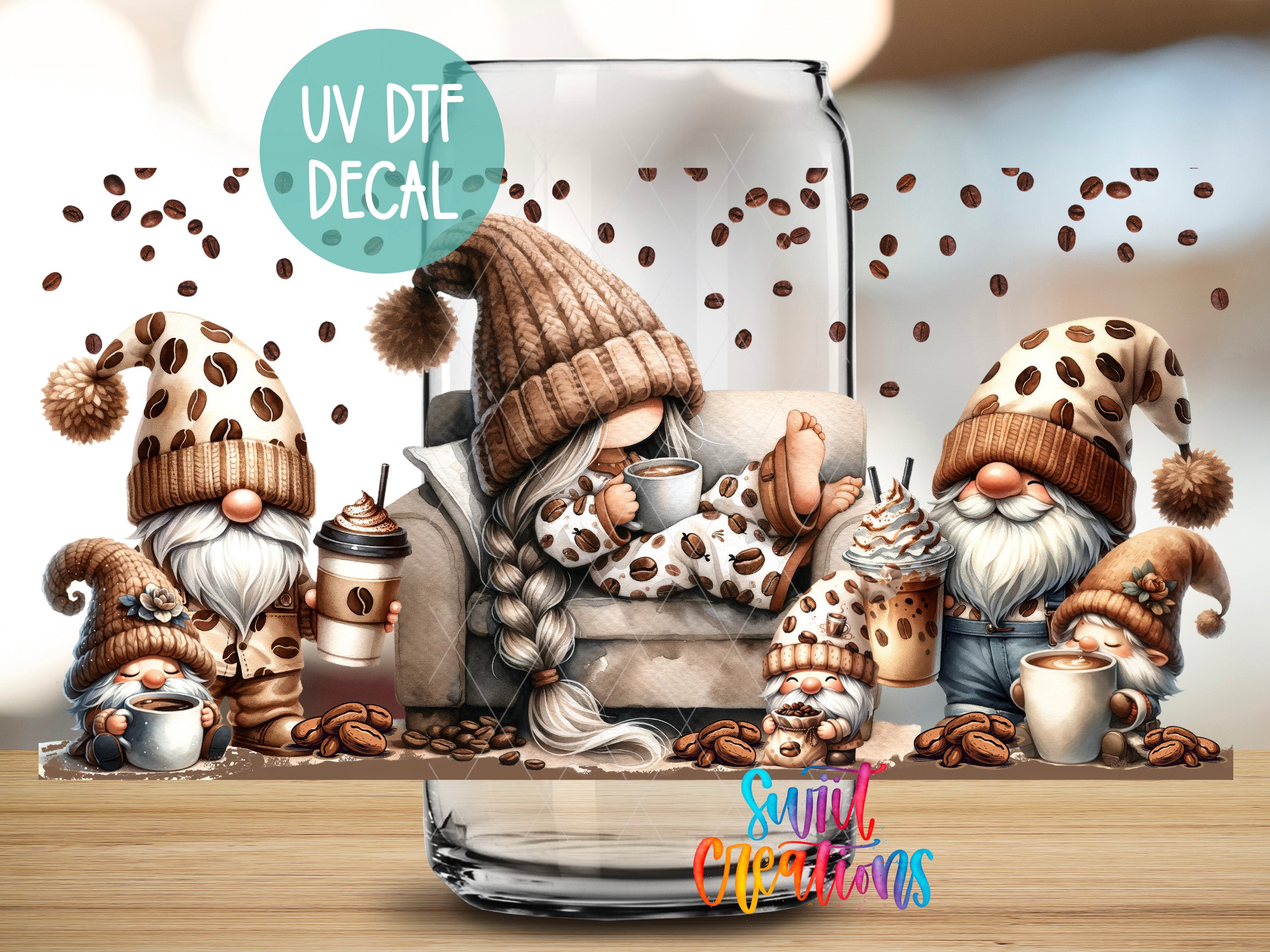A whimsical illustration featuring a group of gnomes sitting around a glass jar filled with coffee beans, with one gnome holding a cup of coffee.