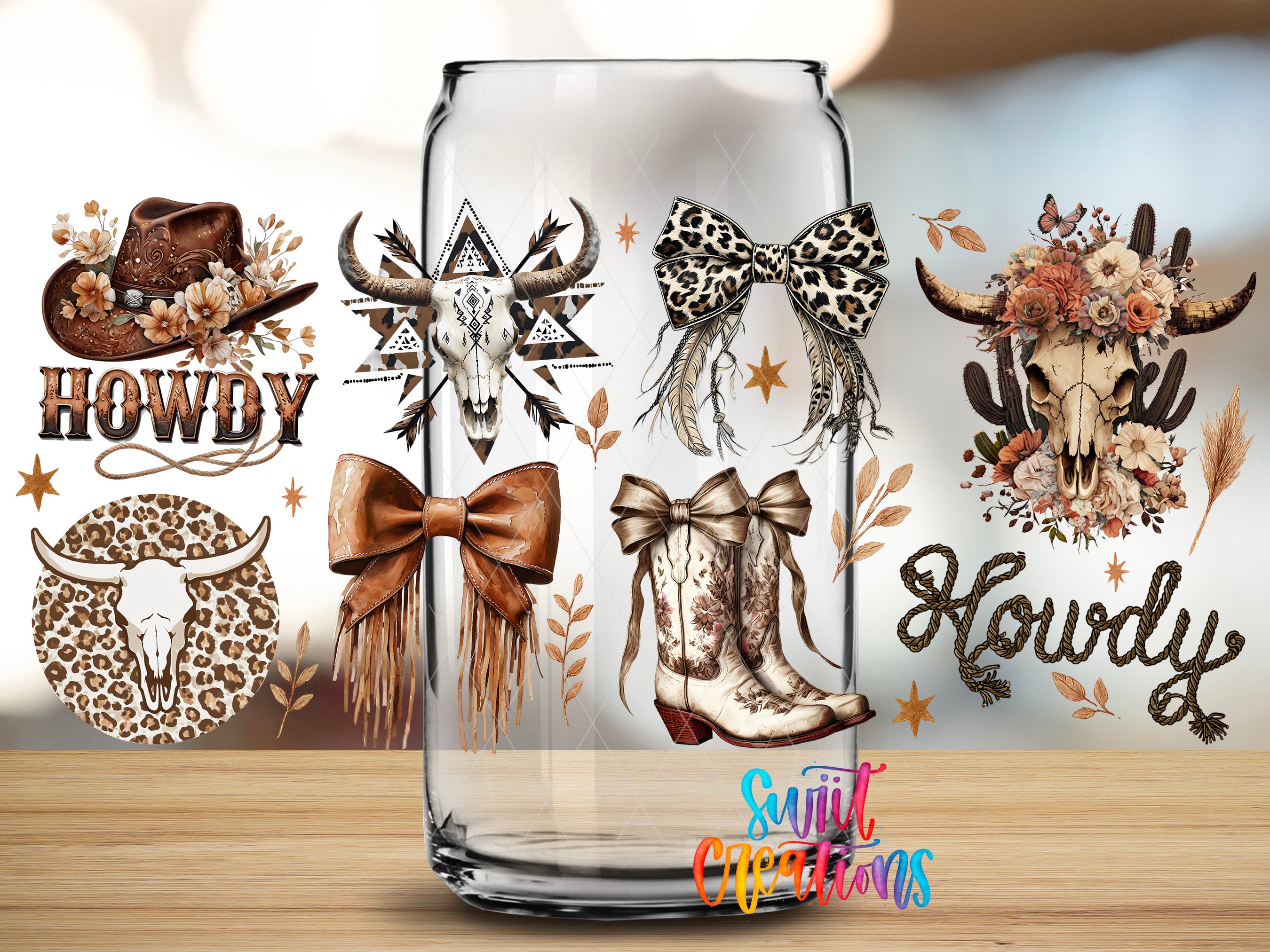 a collection of cowboy-themed illustrations and accessories, including a cowboy hat, a skull, a bow, and a pair of boots, all set against a blurred background.