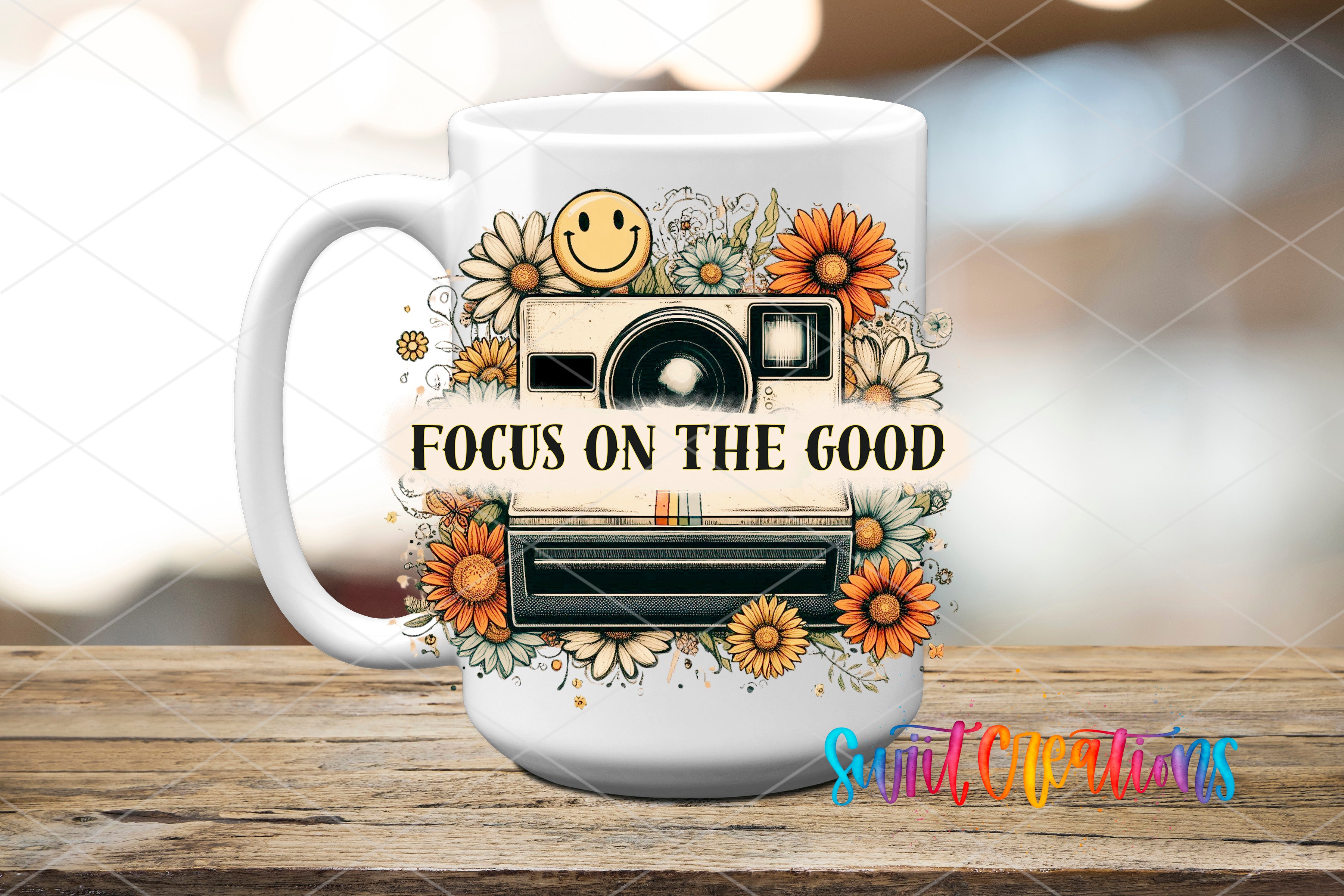 Swiit Creations UV DTF Focus on The Good transfer applied to a white ceramic mug